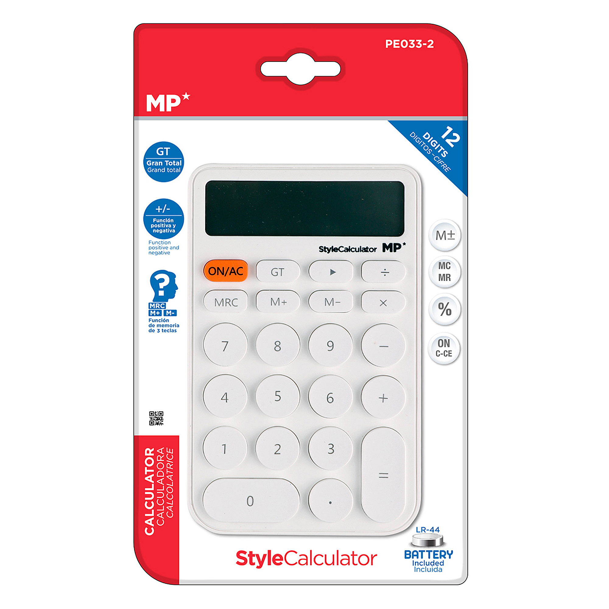 Confezione di una calcolatrice bianca MP StyleCalculator con pulsanti numerati.