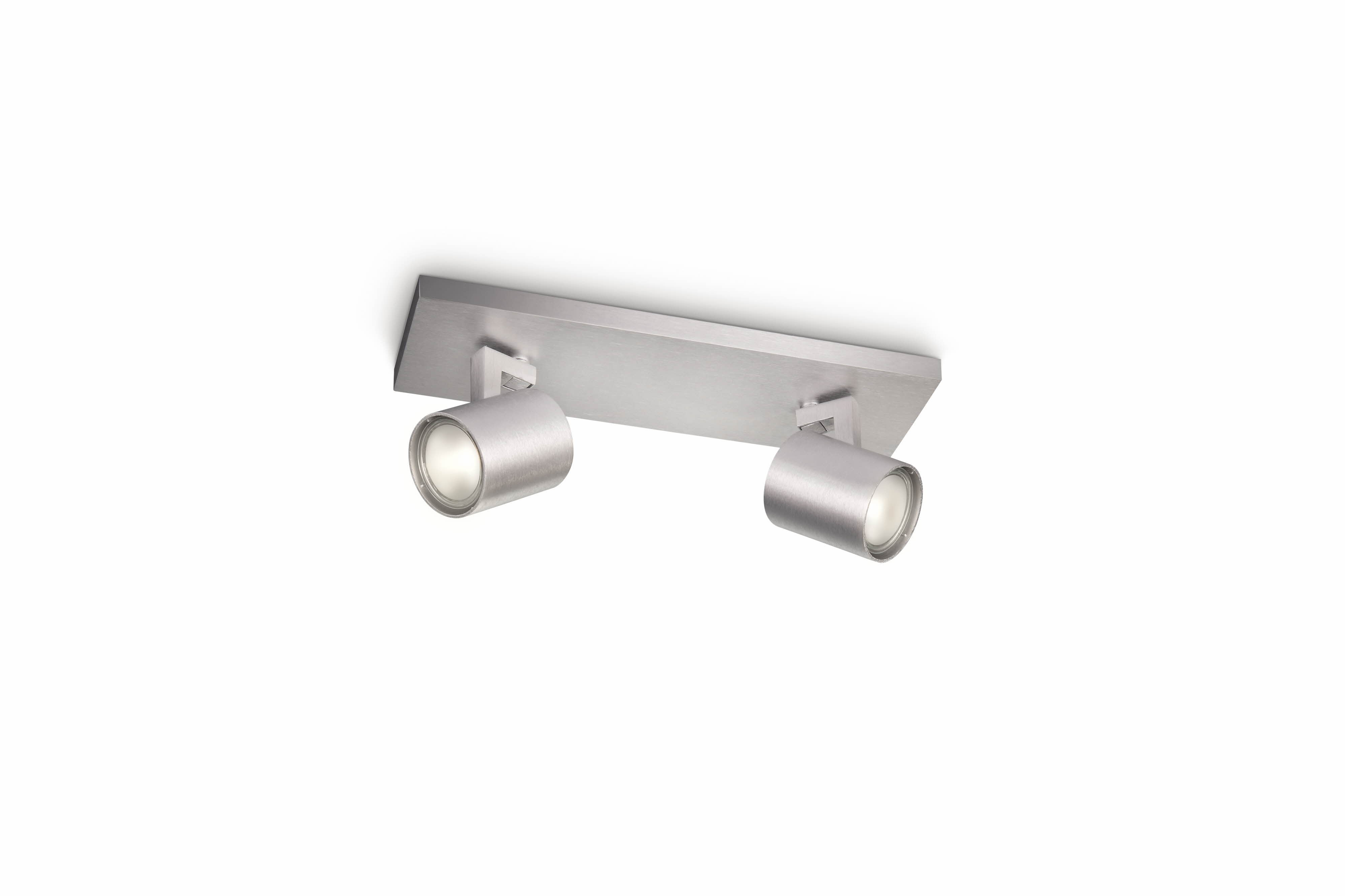Un faretto da soffitto argentato con due faretti cilindrici su base rettangolare.