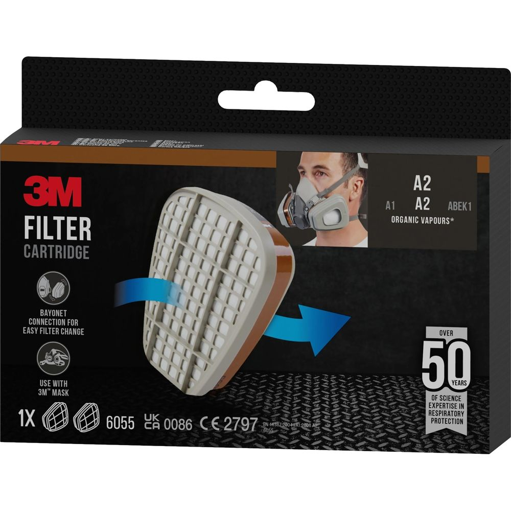 3M Filterkartusche A2/ABEK1 für Atemschutzmasken, Bayonettanschluss.