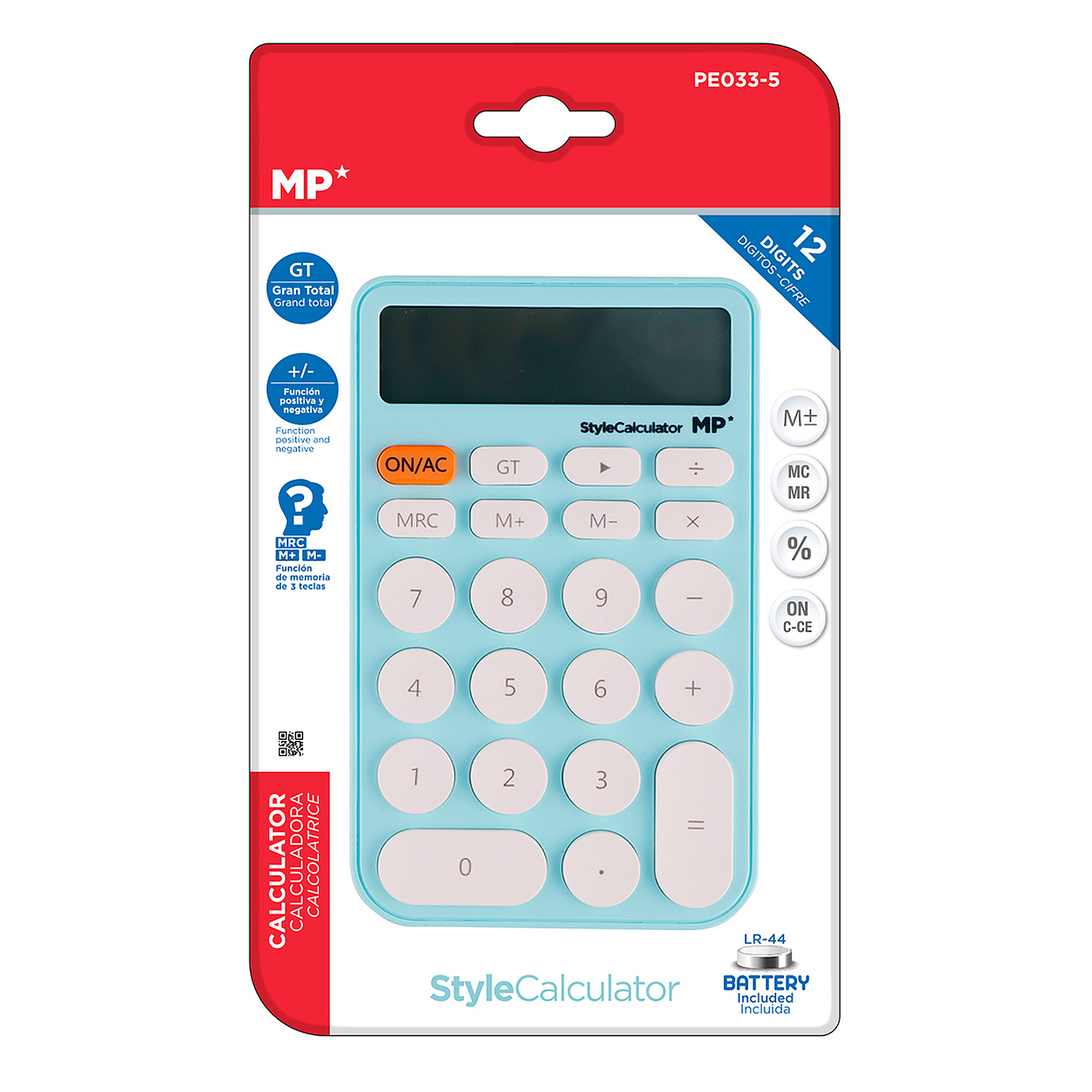 Confezione calcolatrice MP azzurra con pulsanti per numeri, funzioni e display.