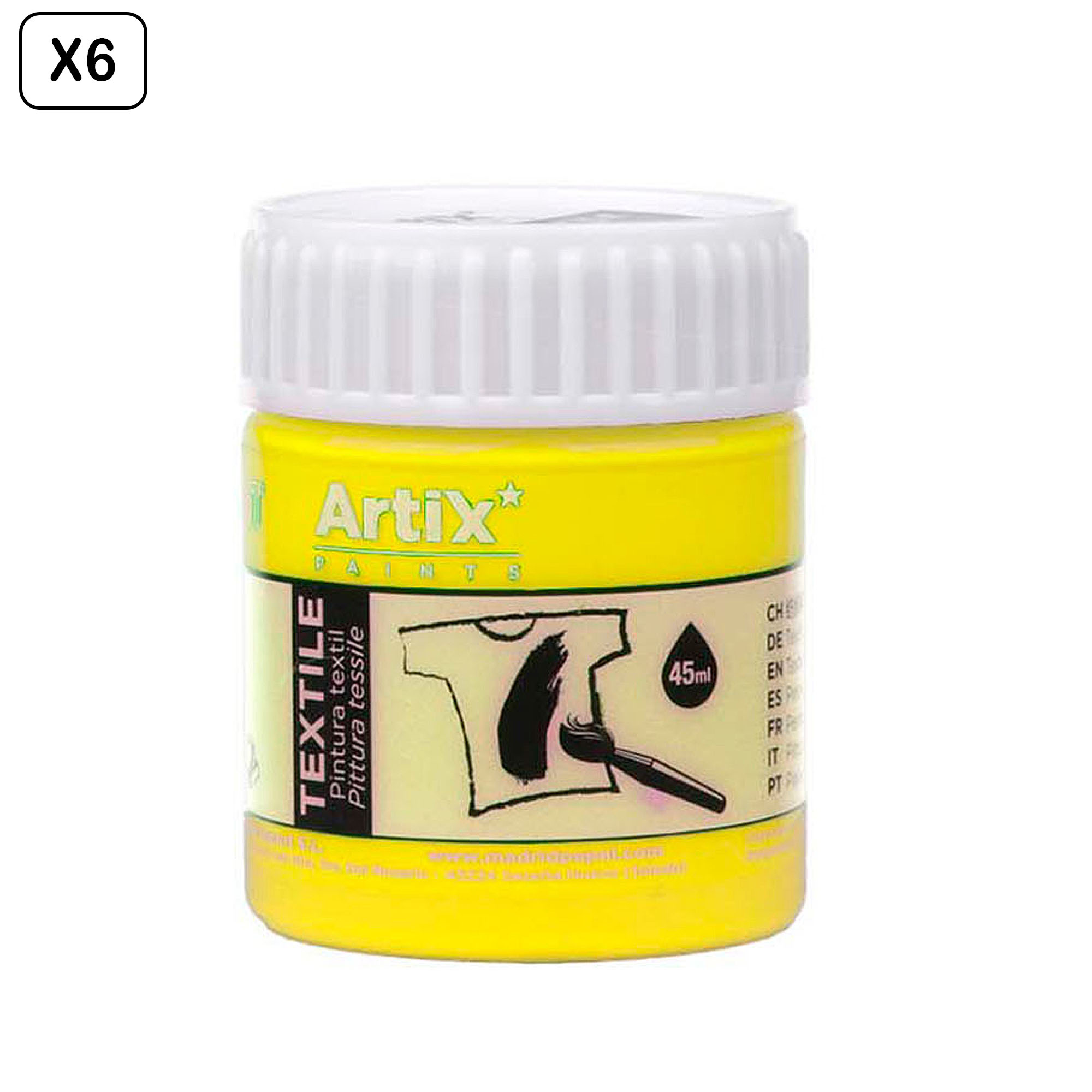 Un barattolo giallo di vernice tessile Artix, 45ml, per pittura su tessuto.