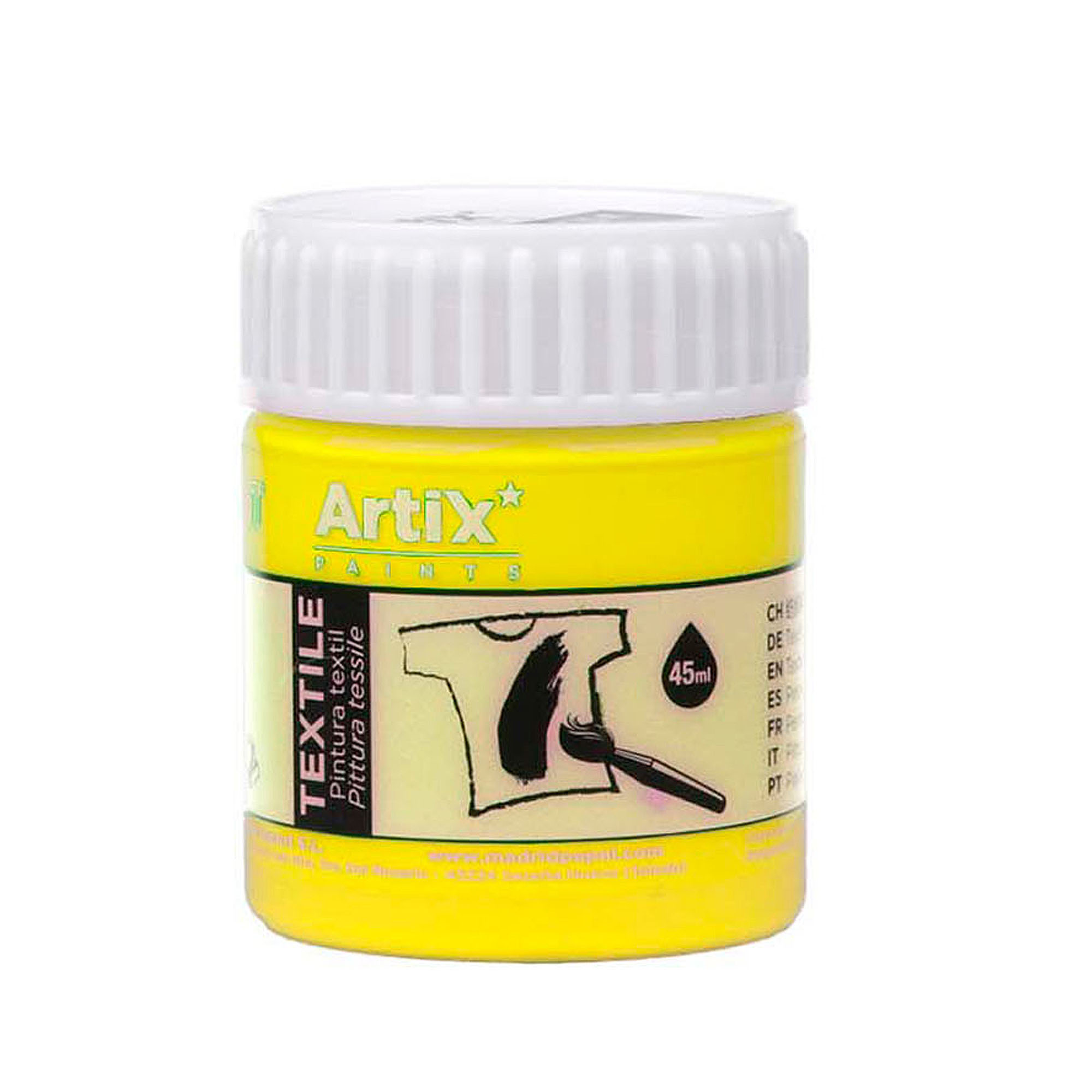 Vernice tessile gialla Artix con pennello e illustrazione maglietta, 45ml.