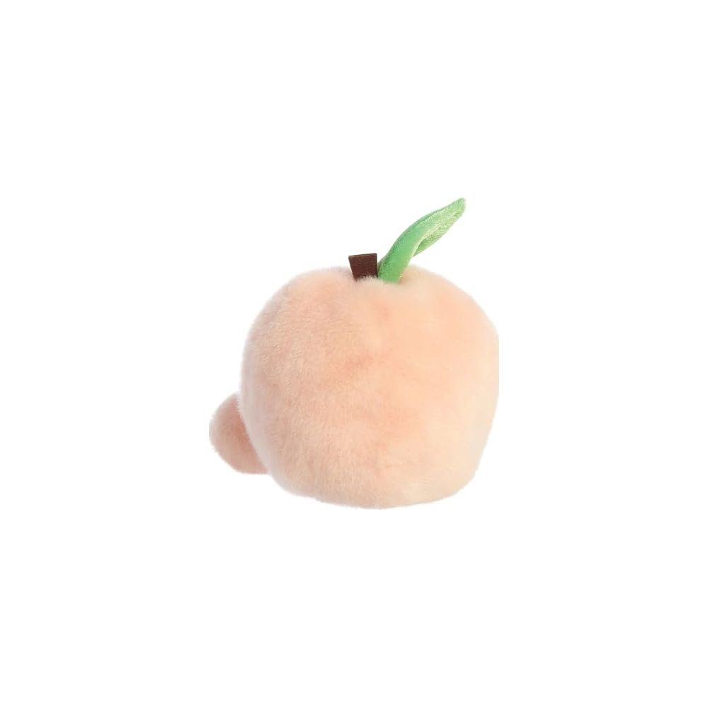Ein weiches, pfirsichfarbenes Plüschtier mit einem grünen Blatt und einem braunen Stiel.