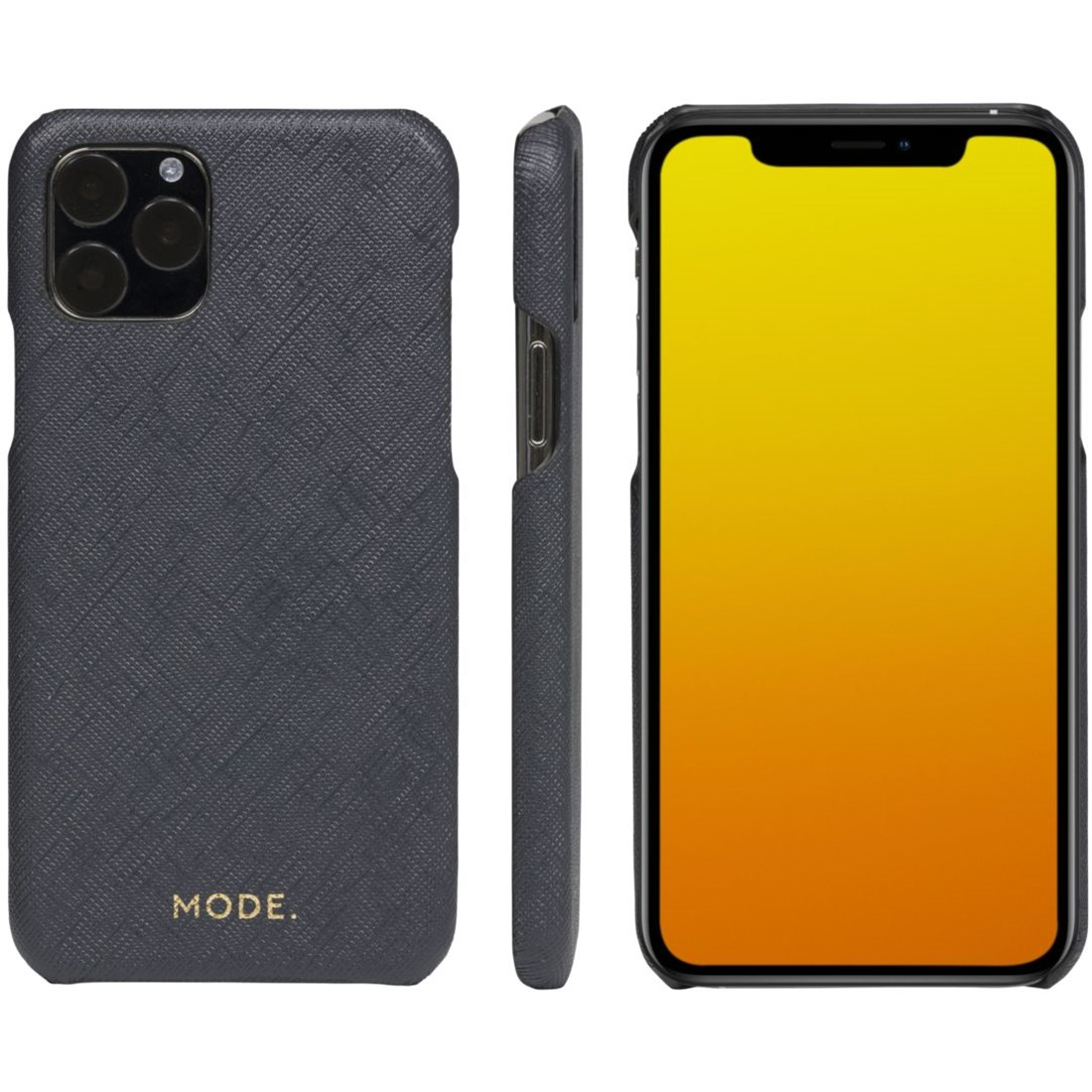 Drei Ansichten eines grauen iPhone-Cases mit Kameras und einem Bildschirm mit Farbverlauf.