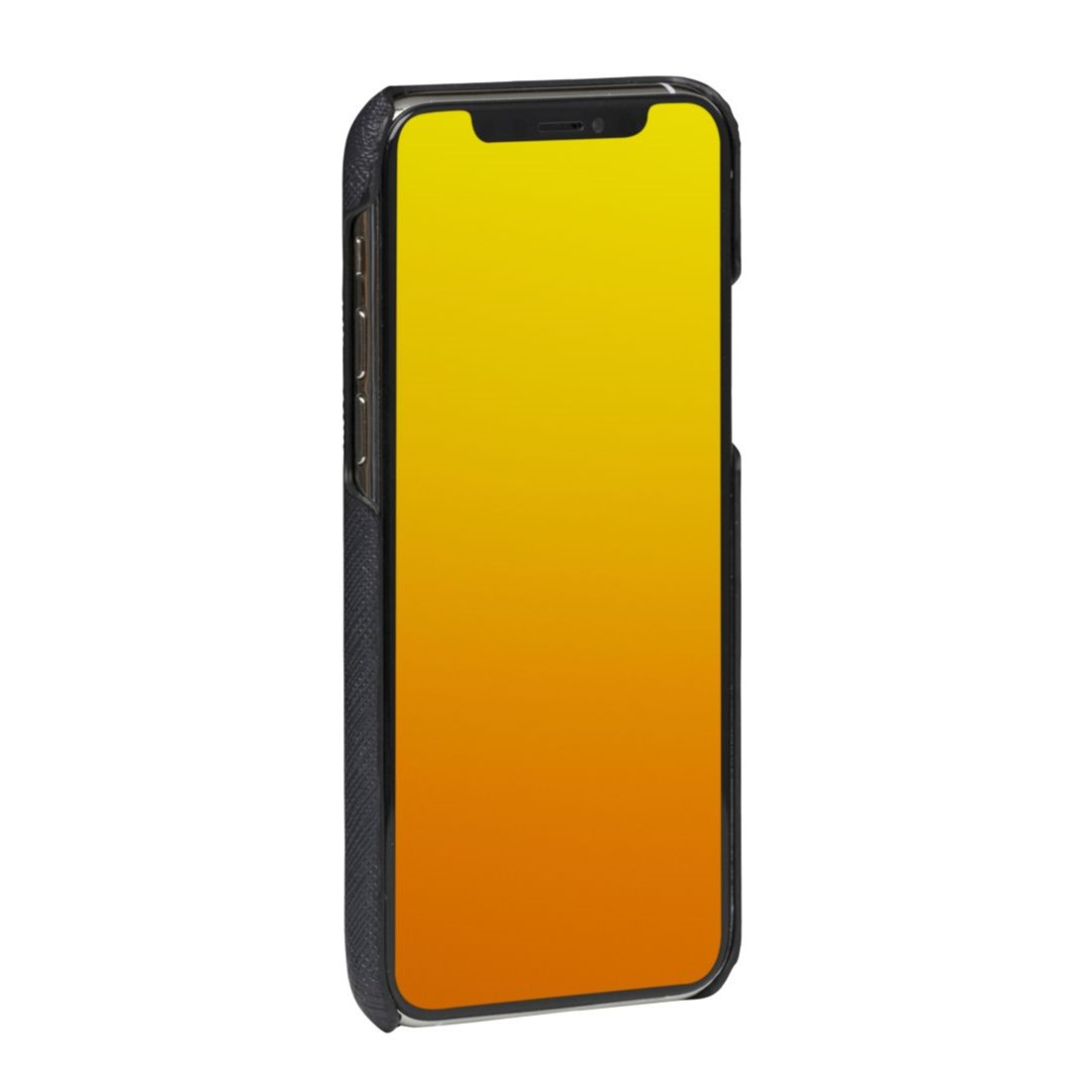 Schwarzes Handy mit gelb-orangem Farbverlauf-Display.