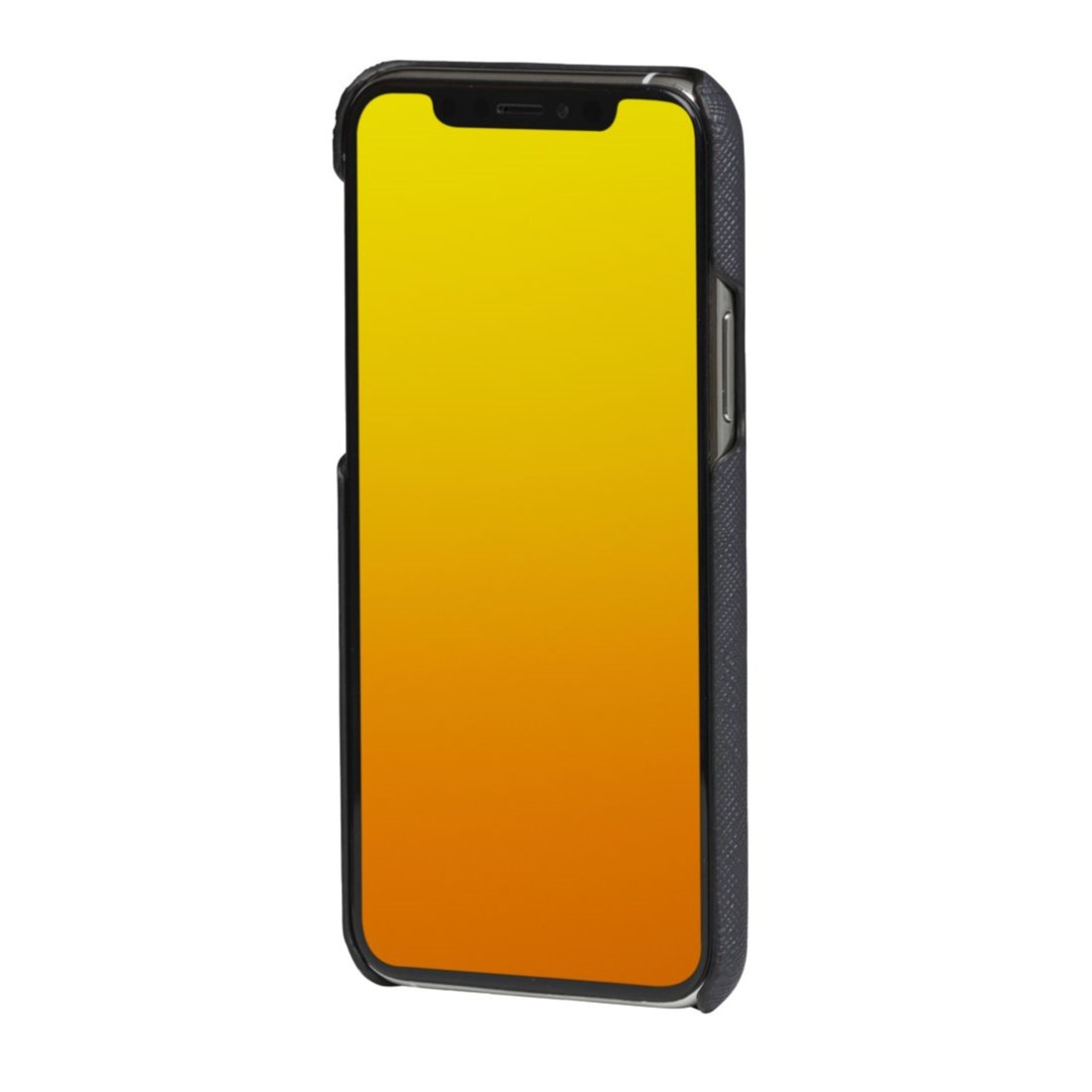 Ein Smartphone in einer dunklen Hülle mit einem gelb-orangen Farbverlauf auf dem Bildschirm.