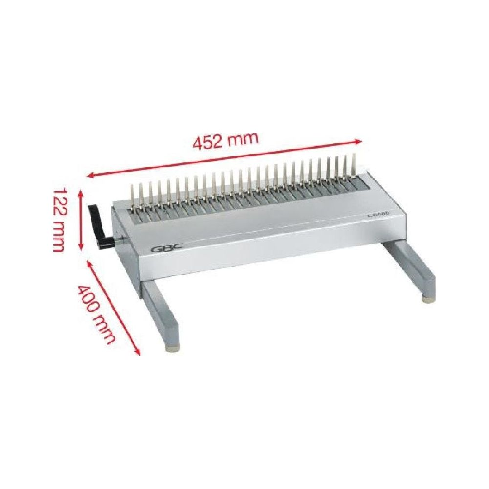 Ein silberner GBC-Bindegerät mit den Maßen 452mm, 122mm und 400mm.