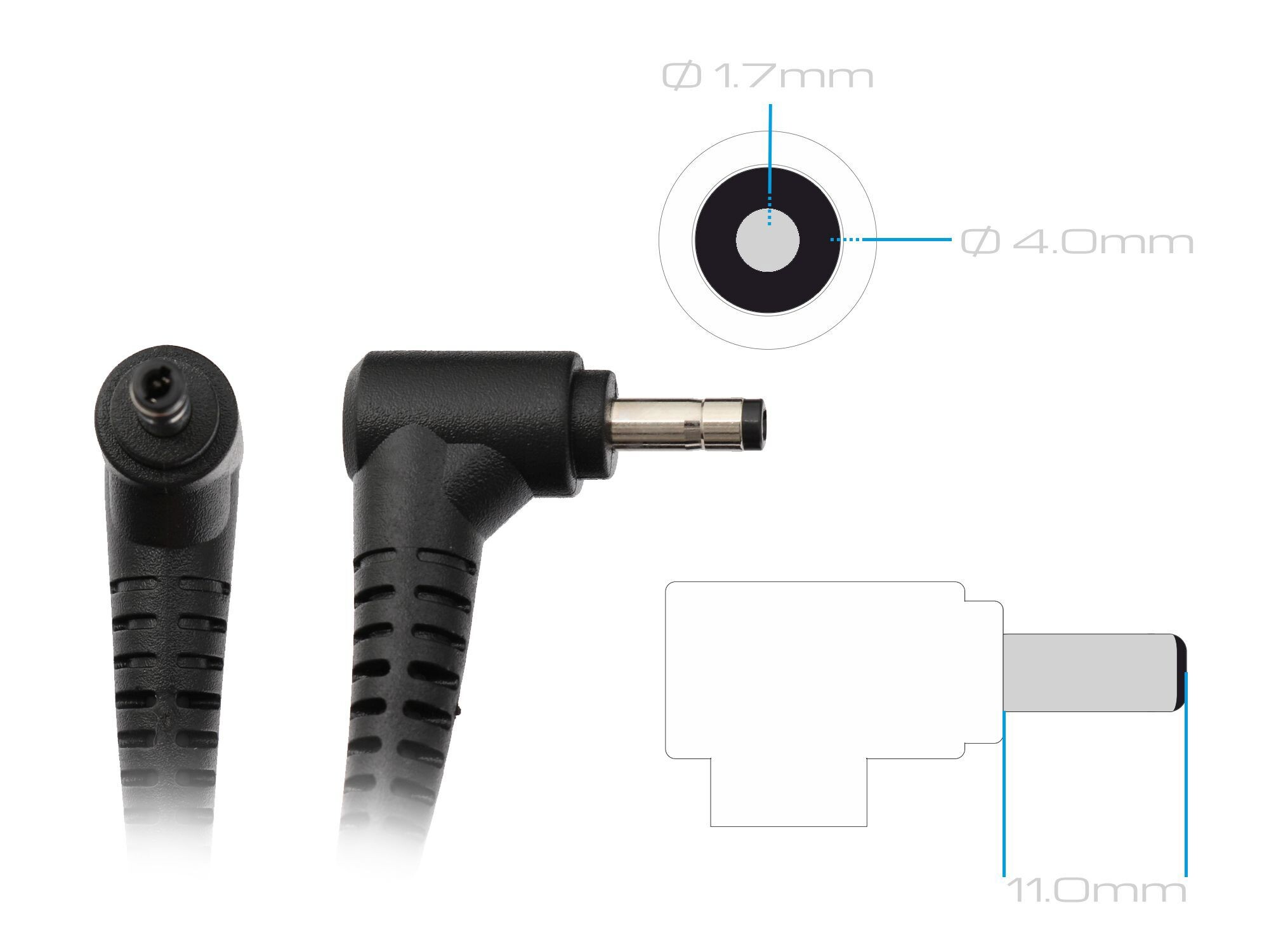 Ein Netzstecker mit Maßen 1,7mm und 4,0mm.