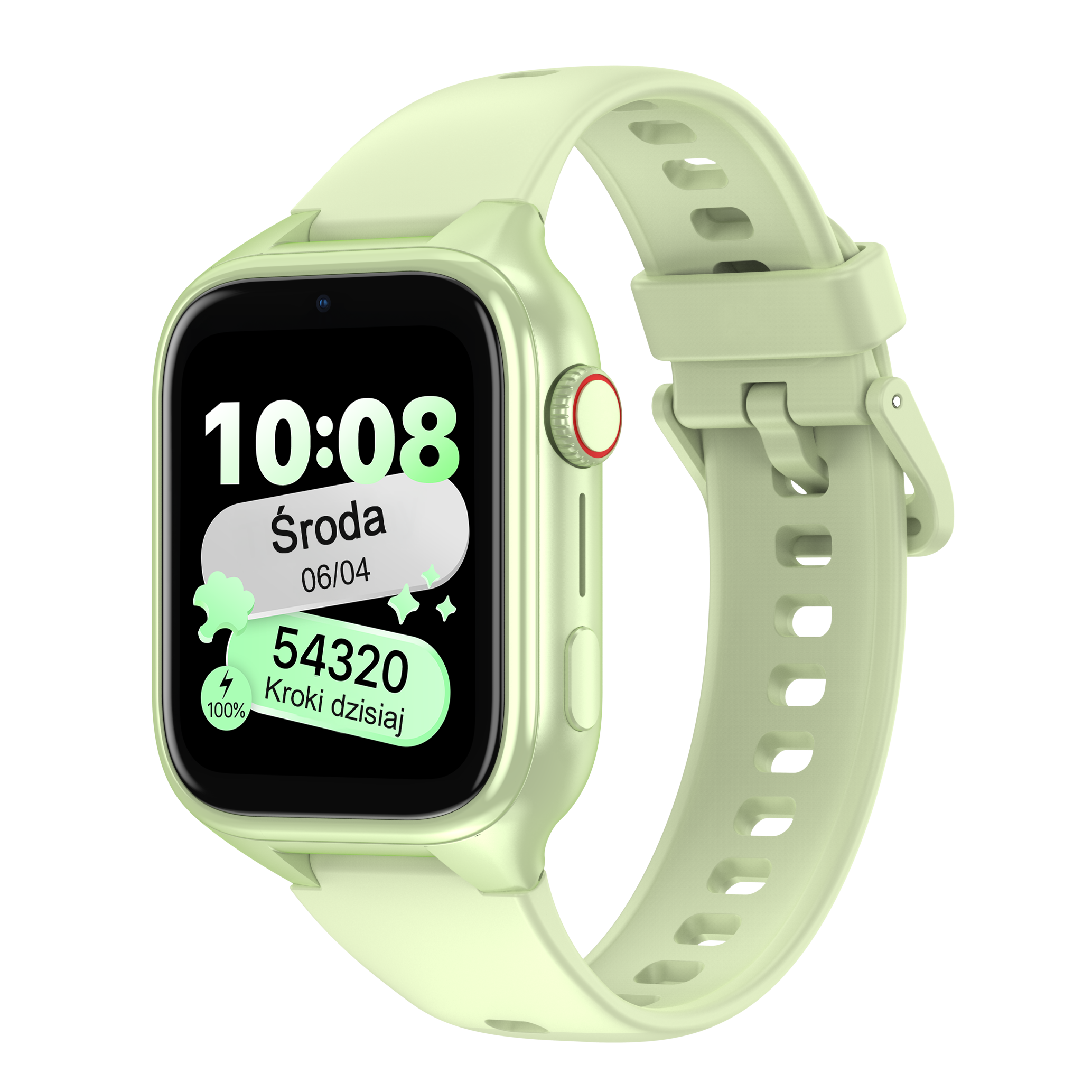 Jasnozielony smartwatch z czarną tarczą pokazuje 10:08, środa 06/04, 54320 kroków.