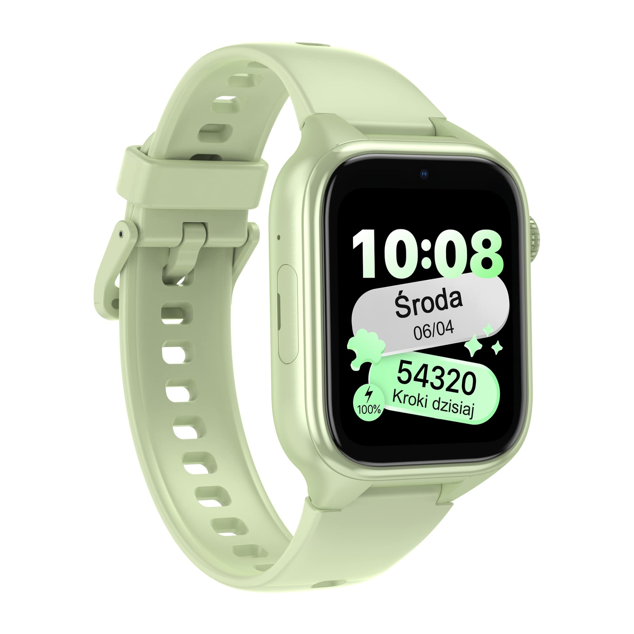 Jasnozielony smartwatch z ekranem dotykowym pokazującym godzinę, datę i kroki.