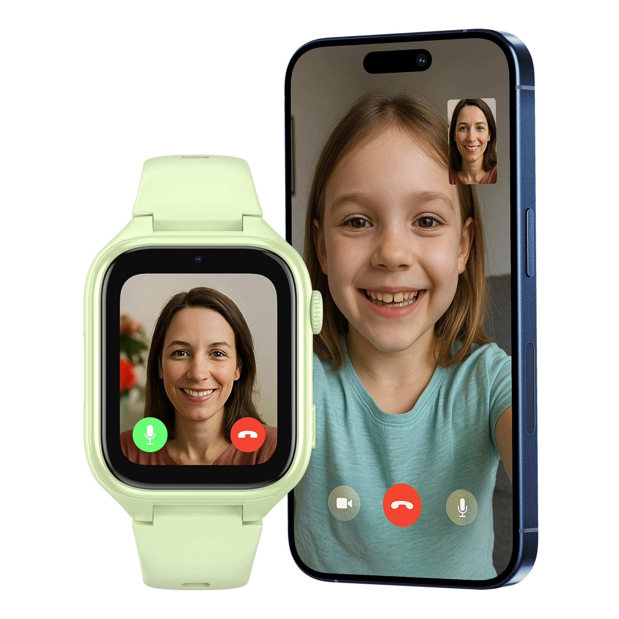 Jasnozielony smartwatch i niebieski smartfon wyświetlają rozmowy wideo z dwiema uśmiechniętymi kobietami i dziewczynką.