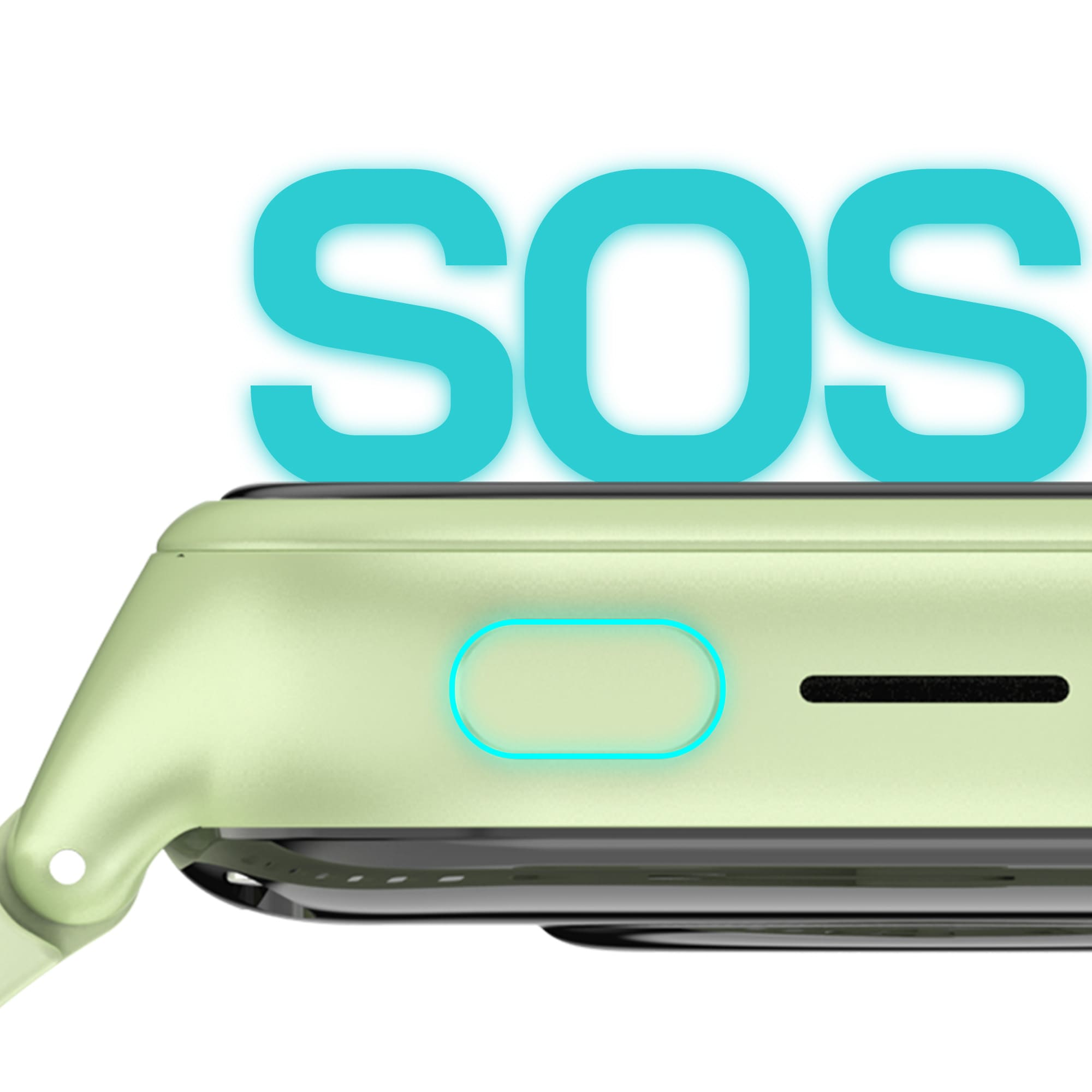 Zielona obudowa smartwatcha z napisem SOS i podświetlanym przyciskiem.