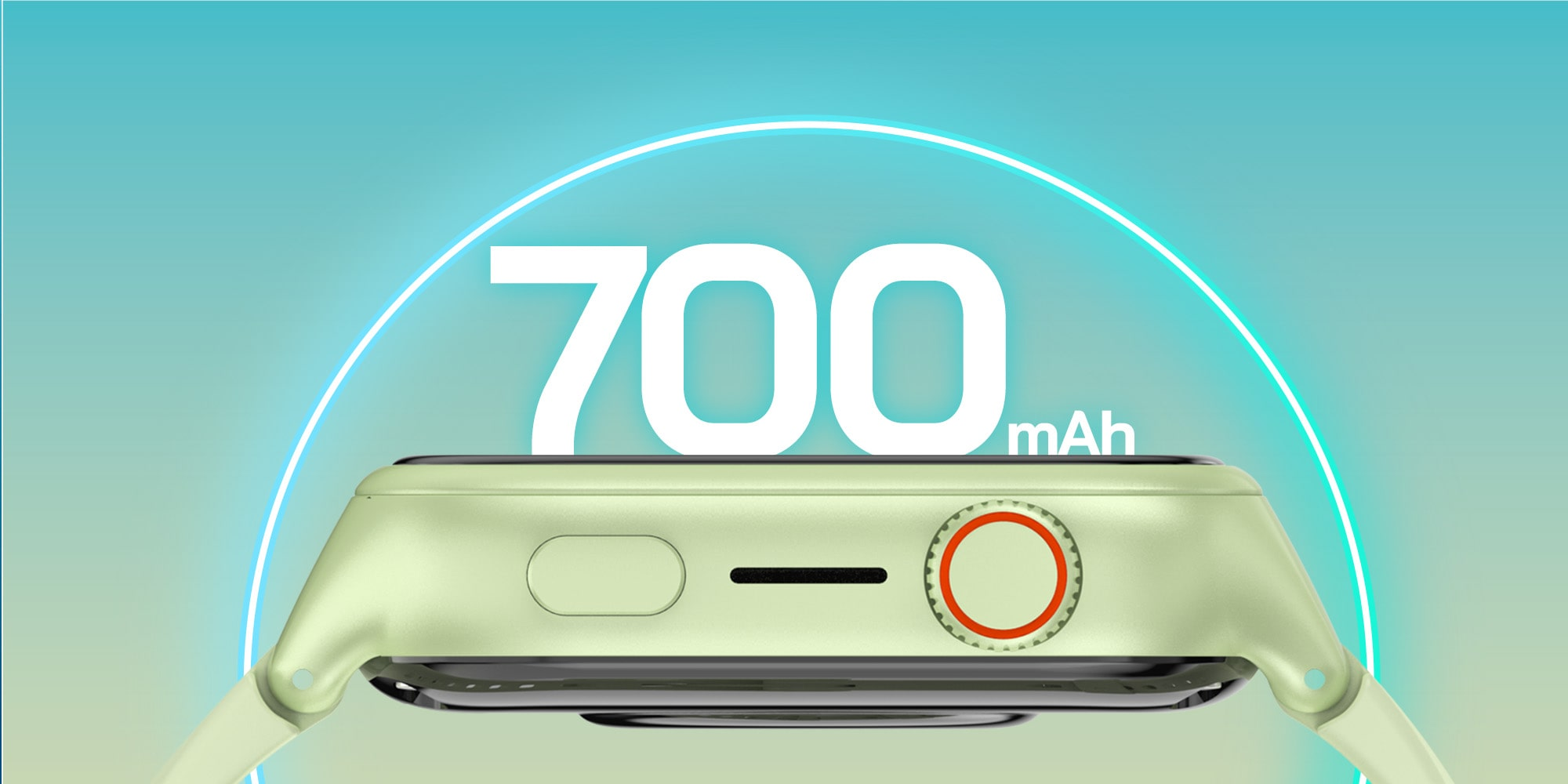 Jasnozielony smartwatch 700 mAh, wyróżniony świecącym okręgiem.