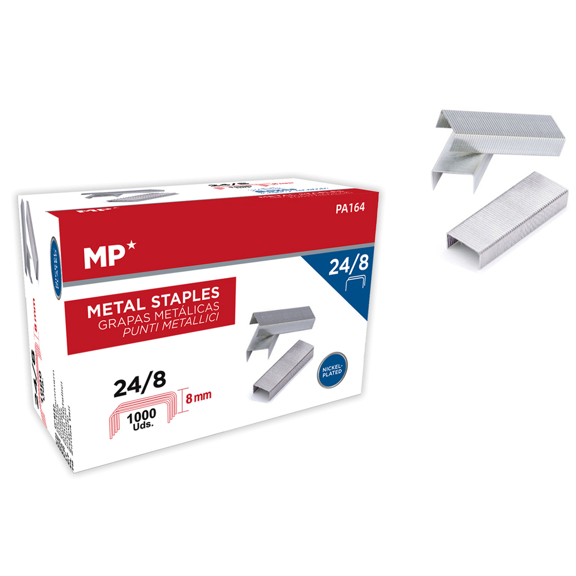 Scatola di punti metallici 24/8, 1000 pz, 8mm, nichelati.