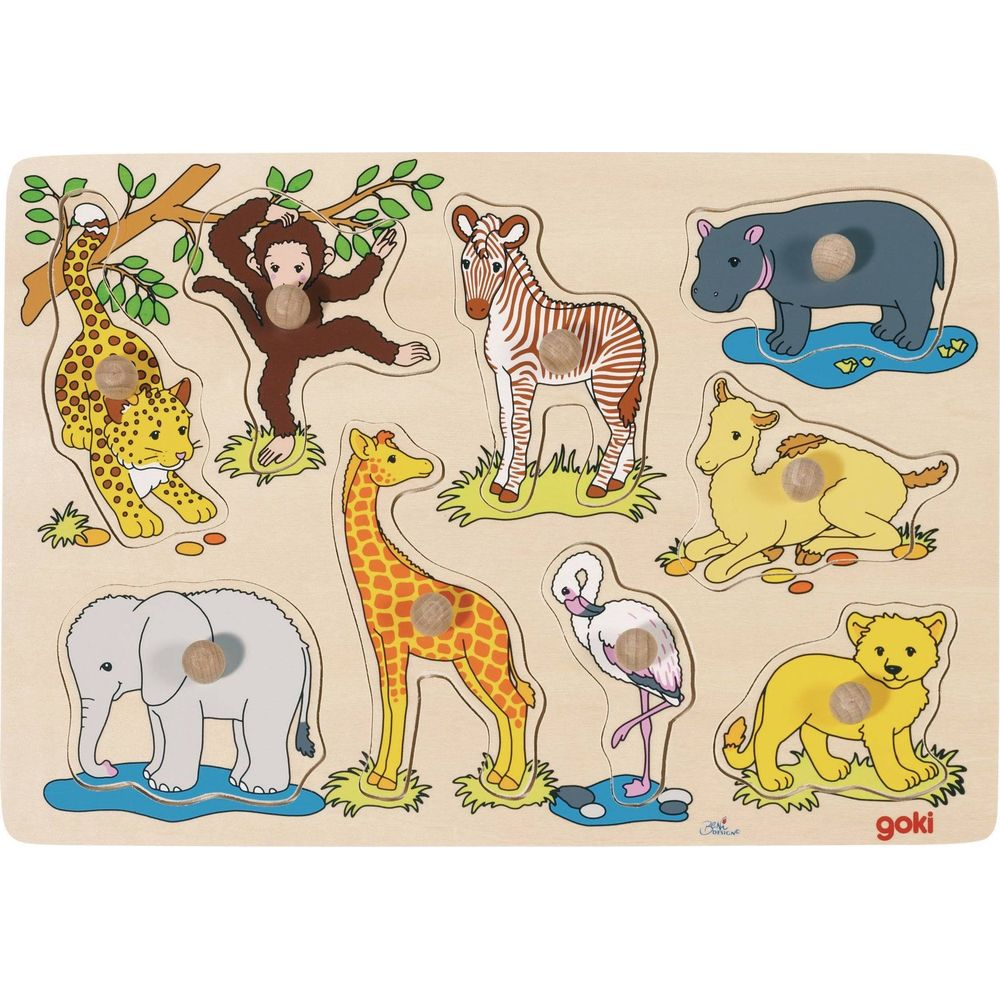 Holzpuzzle mit Tieren: Elefant, Giraffe, Flamingo, Löwe, Nilpferd, Zebra, Affe, Leopard.