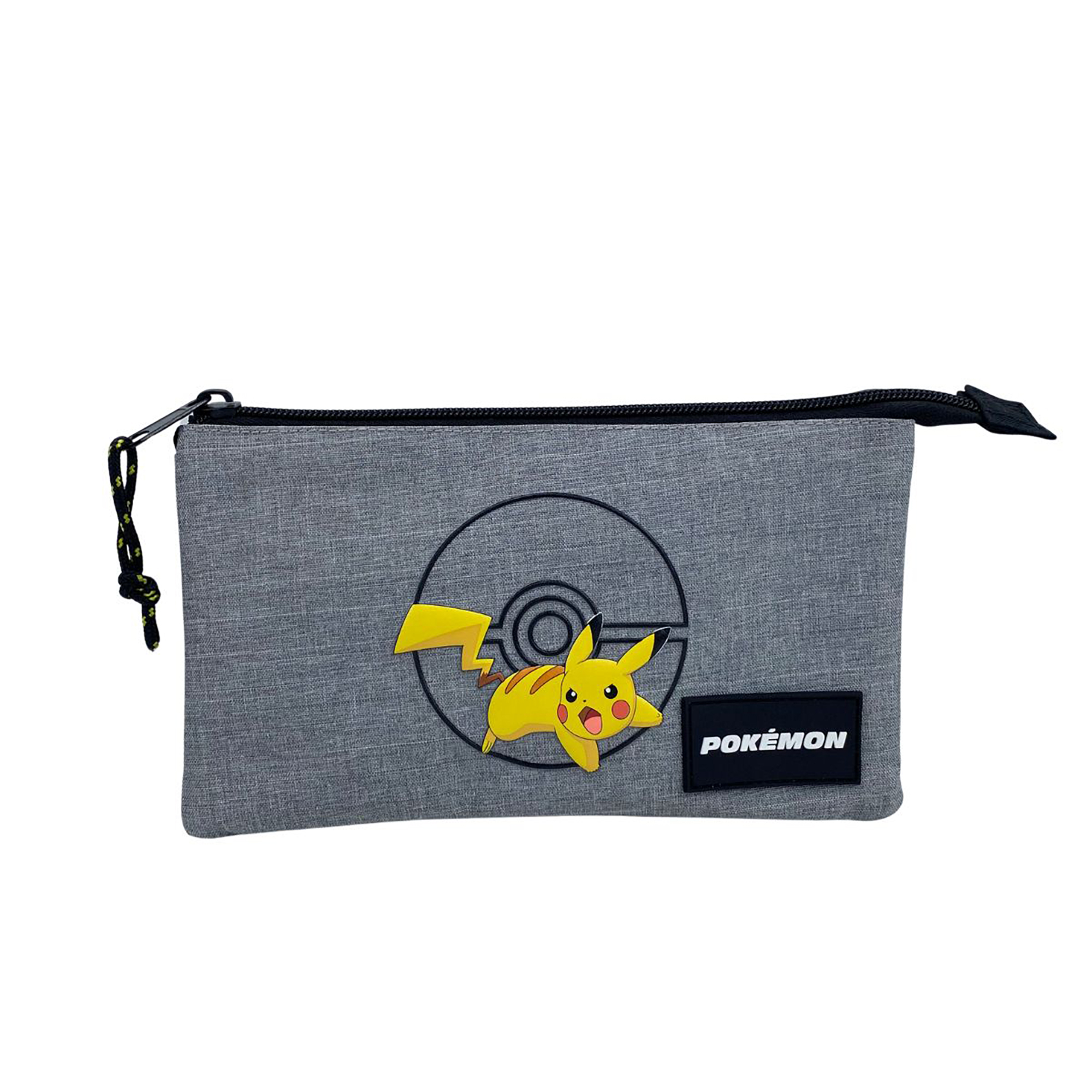 Trousse grigia con Pikachu ed emblema Poké Ball, e etichetta Pokémon nera.