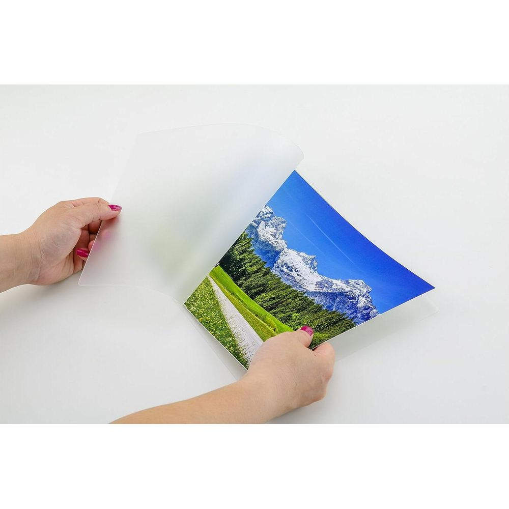 Deux mains tiennent une image de paysage de montagne avec des arbres et un ciel bleu.