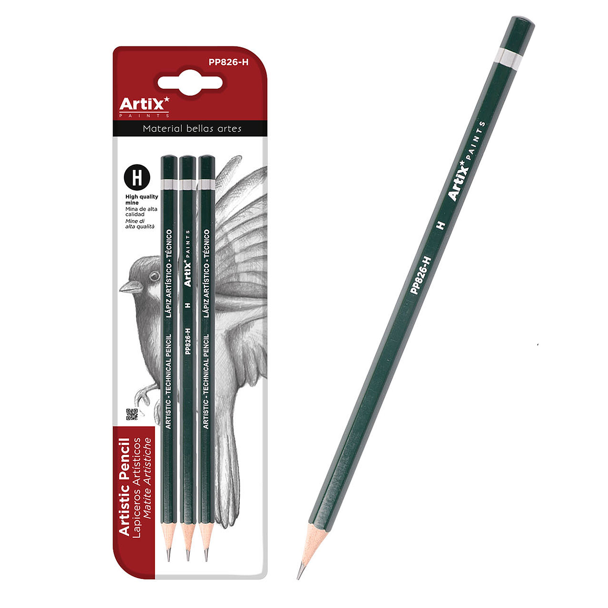 Matita Artix verde con durezza H e accenti argentati.