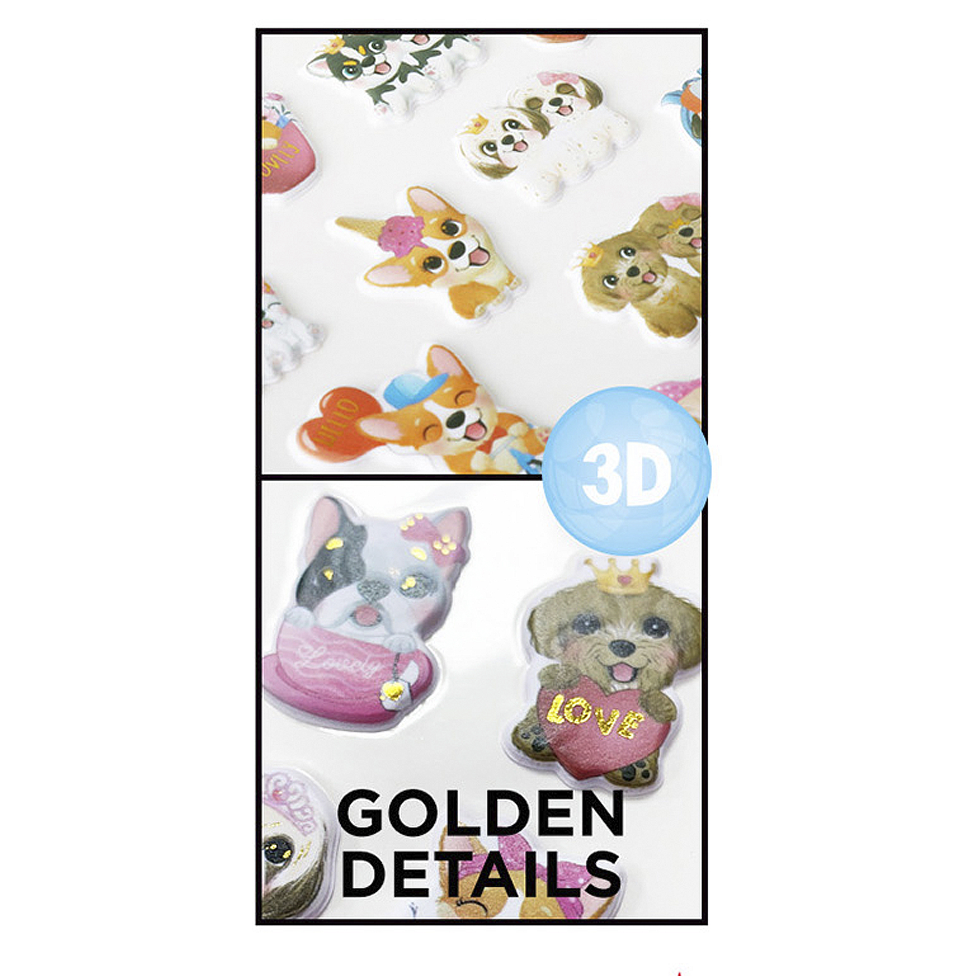 Adesivi 3D con cani e gatti carini, alcuni con dettagli dorati.