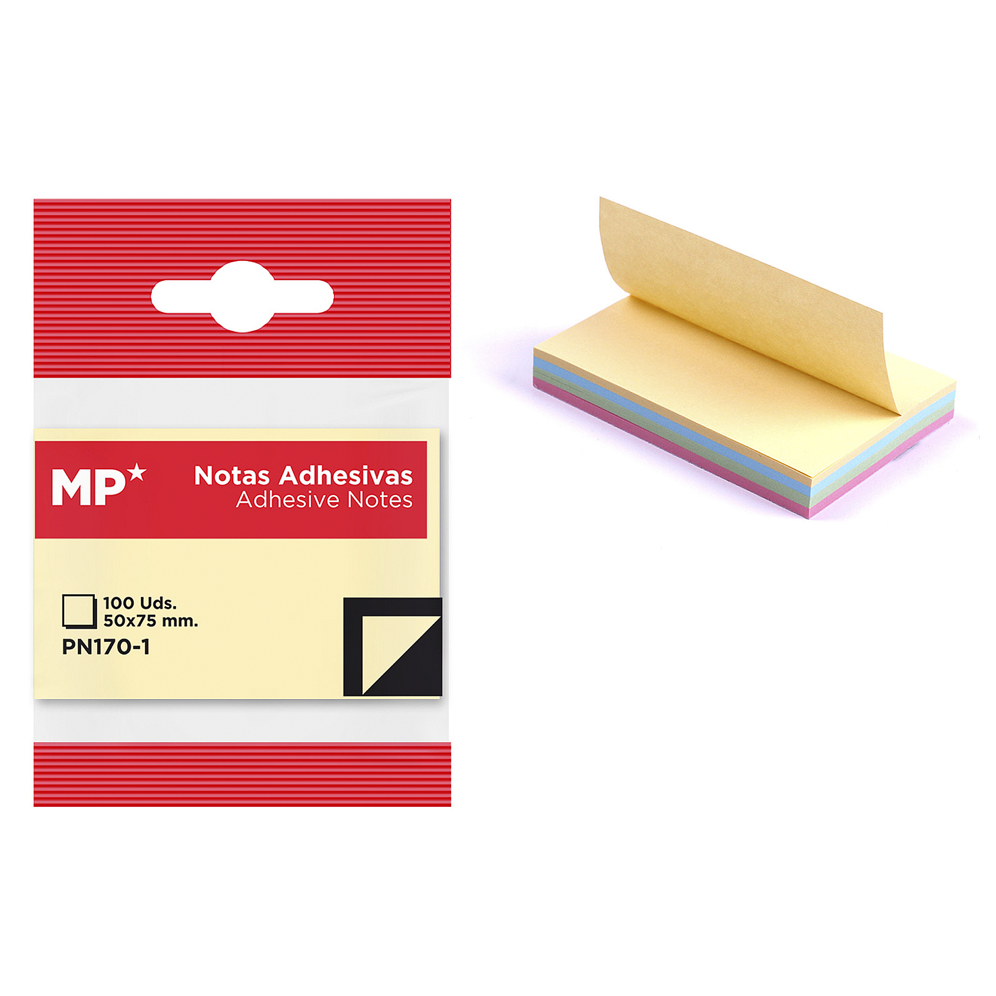 Embalaje para notas adhesivas con una pila de notas adhesivas coloridas al lado.
