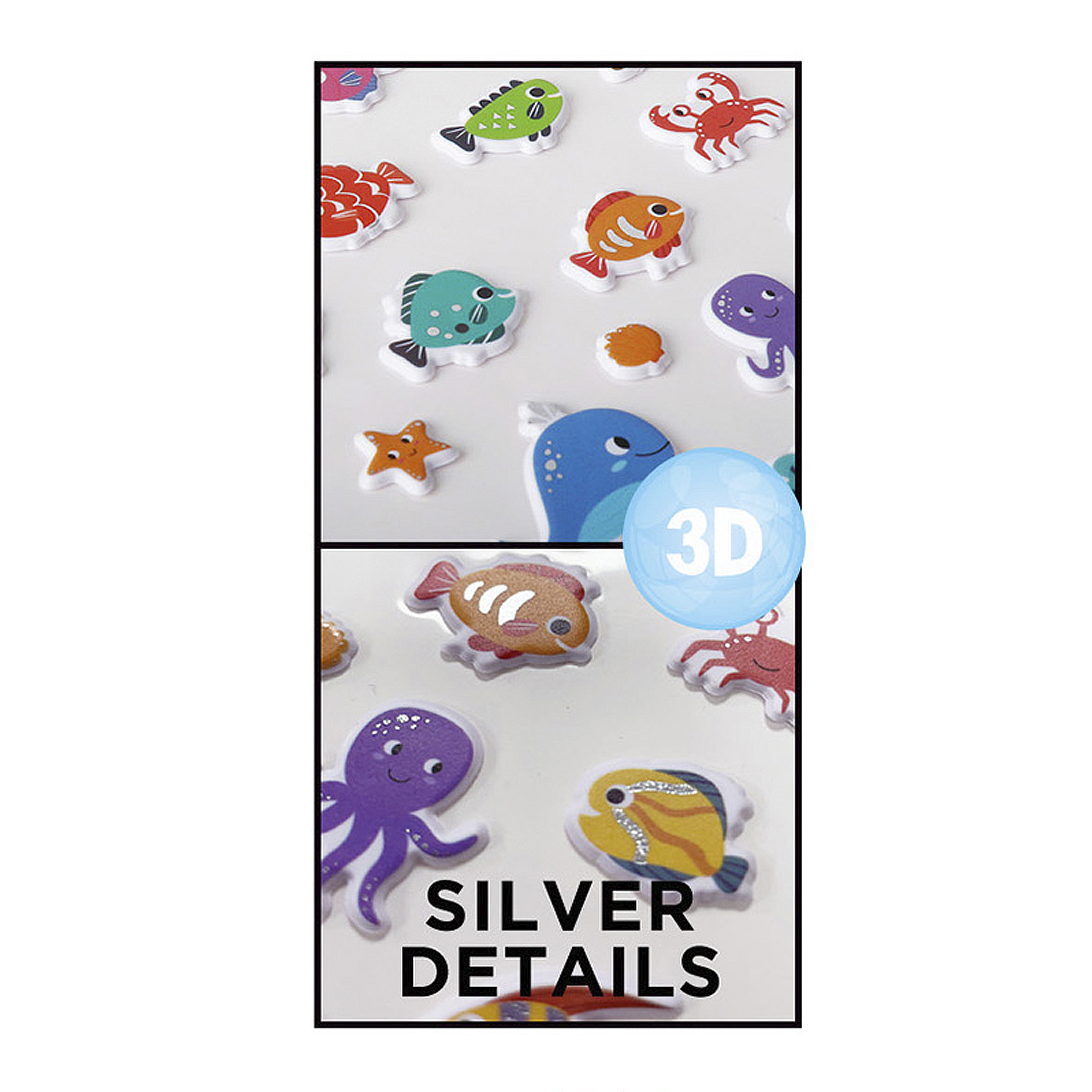 Colorati adesivi 3D di creature marine: pesci, granchi, polpi e balena.
