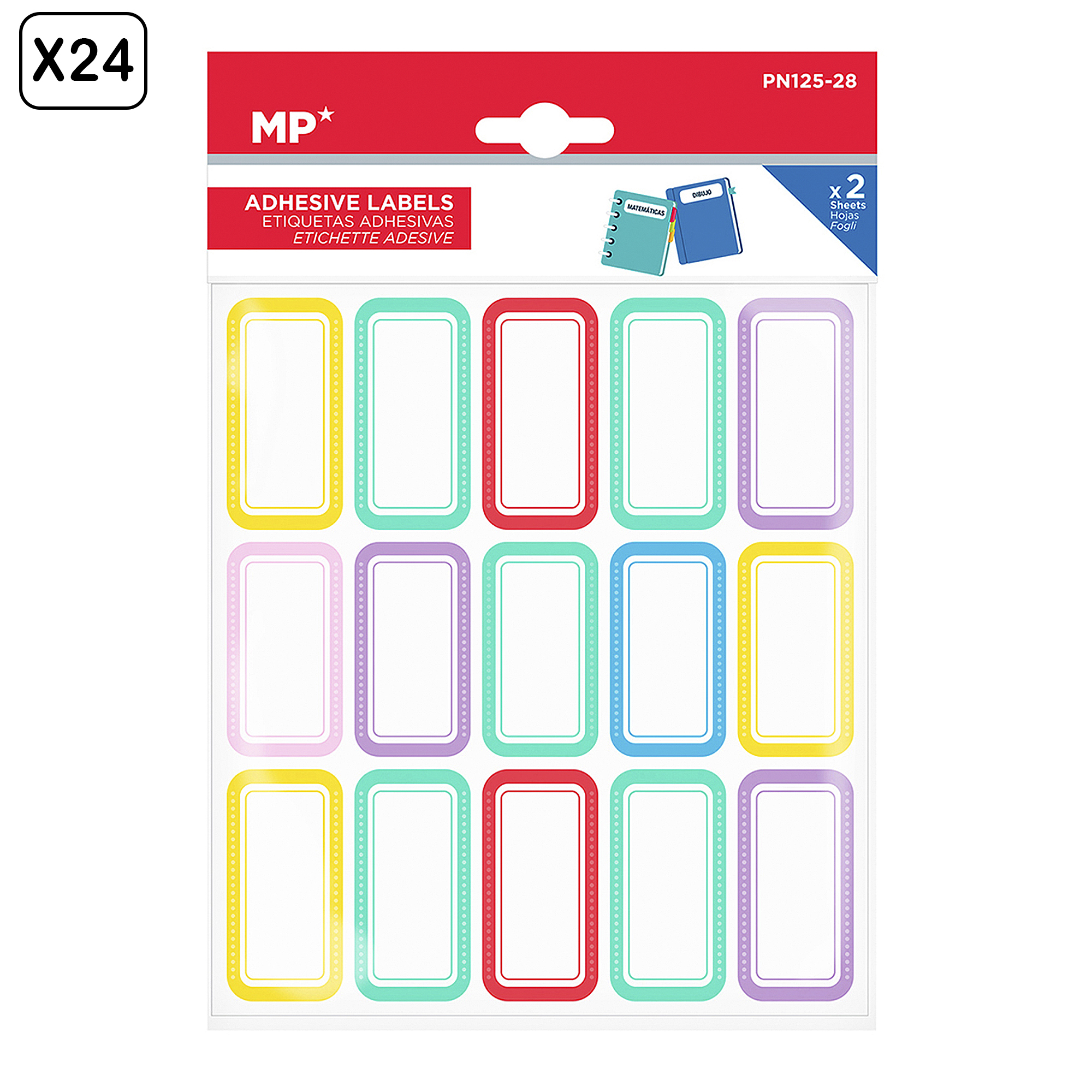 Un paquete de 24 etiquetas adhesivas en varios colores como amarillo, turquesa, rojo, morado y azul.