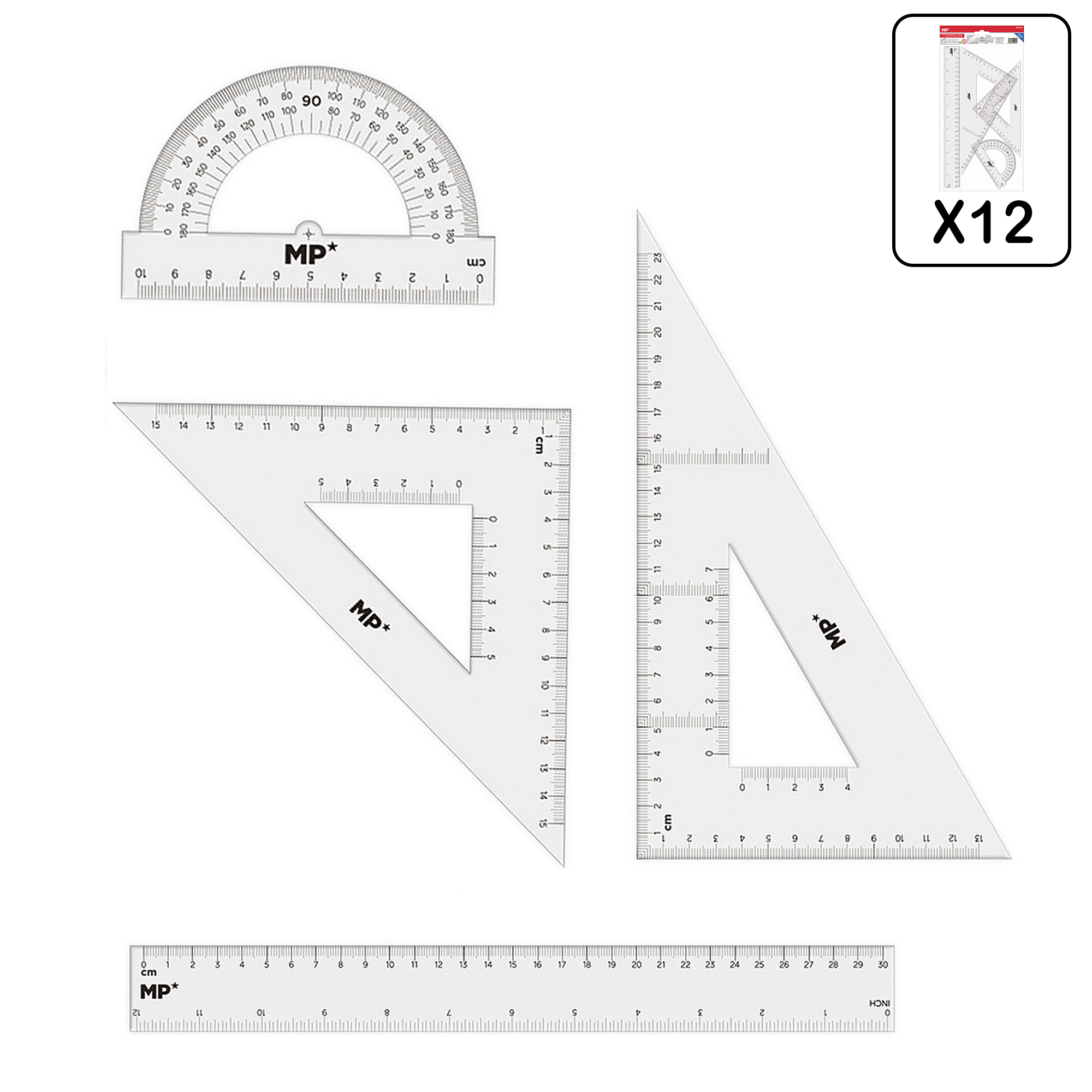 Un set di strumenti di disegno geometrici trasparenti, tra cui un goniometro e due squadre.
