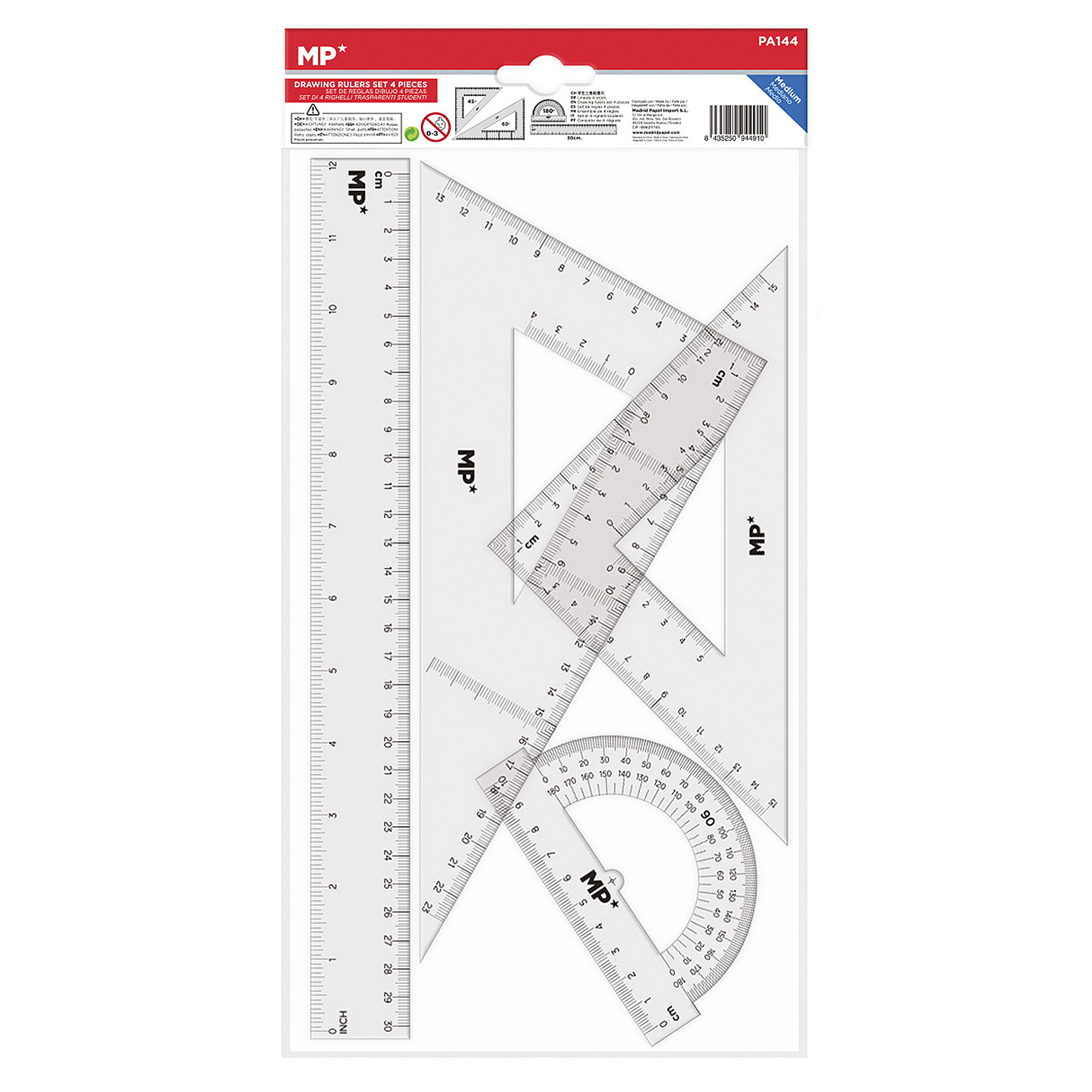 Set di righelli trasparenti per disegno: righello 30cm, squadre, goniometro.