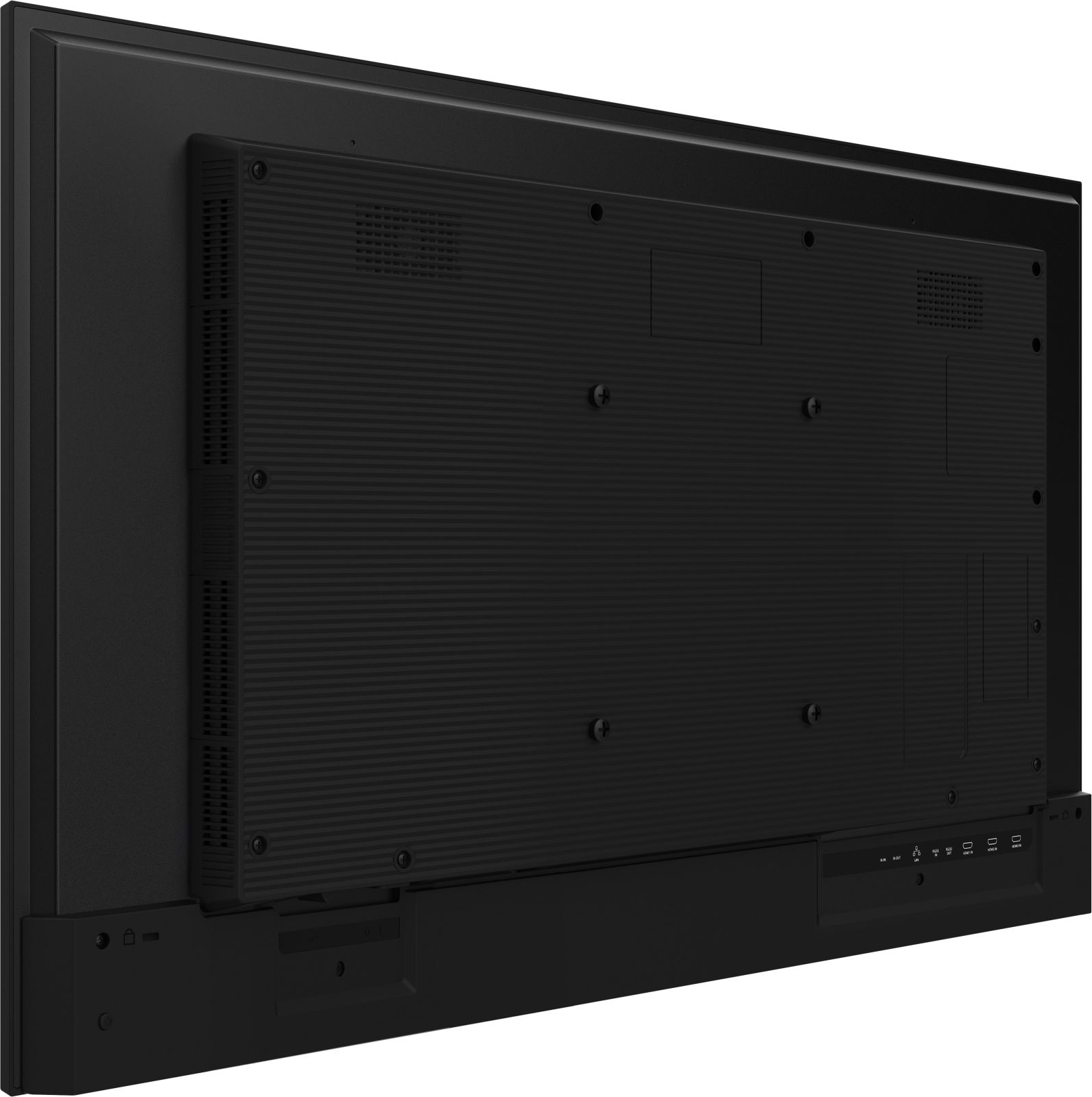 Back of a black monitor showing ports and ventilation slots.