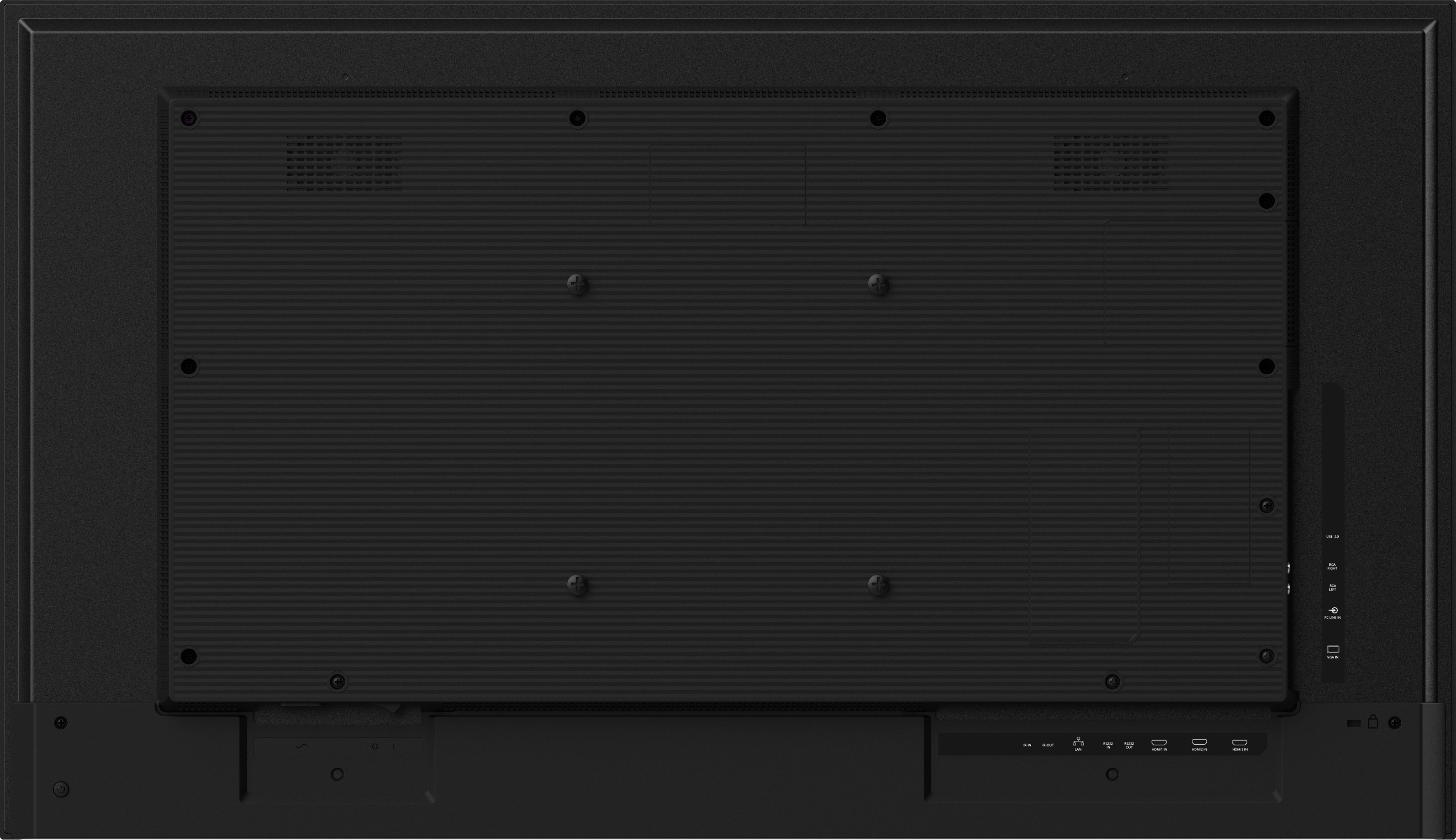 Back of a black television with ports and ventilation grilles.