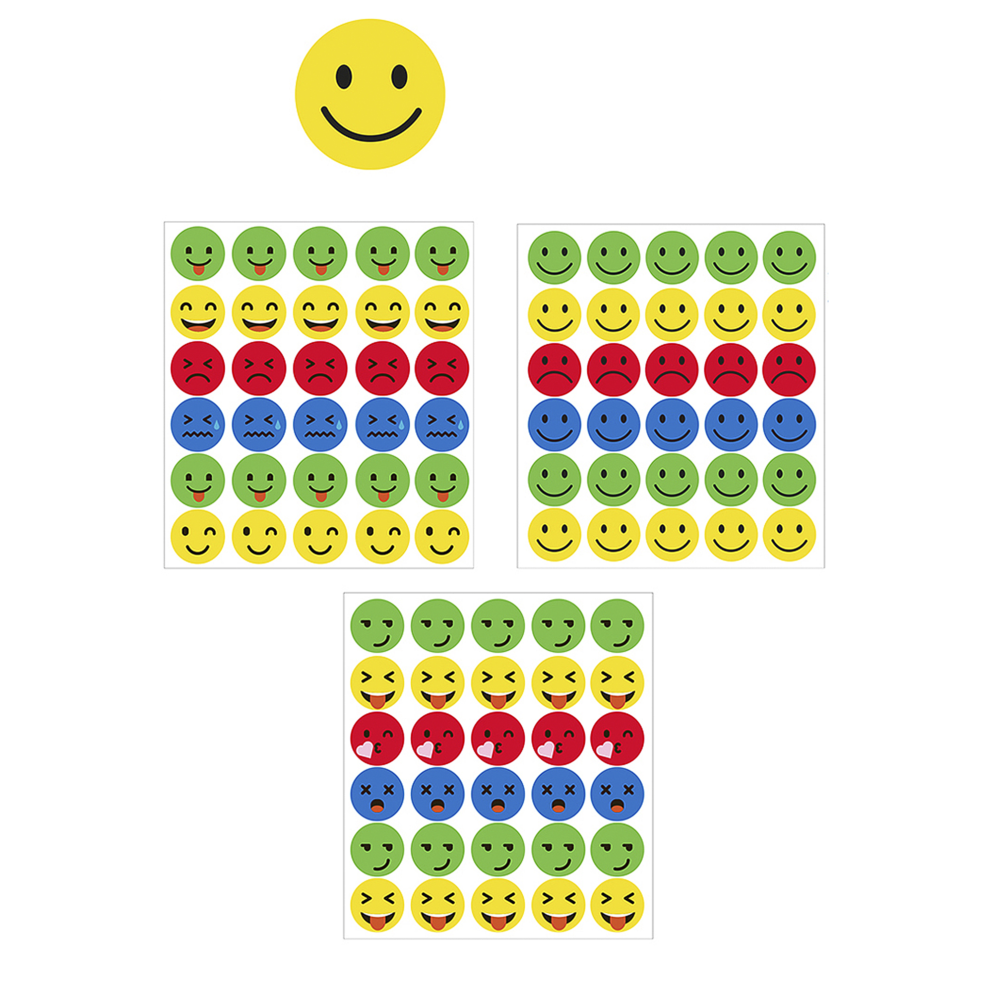 Un grande smiley giallo sopra tre fogli con molti piccoli smiley rossi, gialli, verdi e blu.