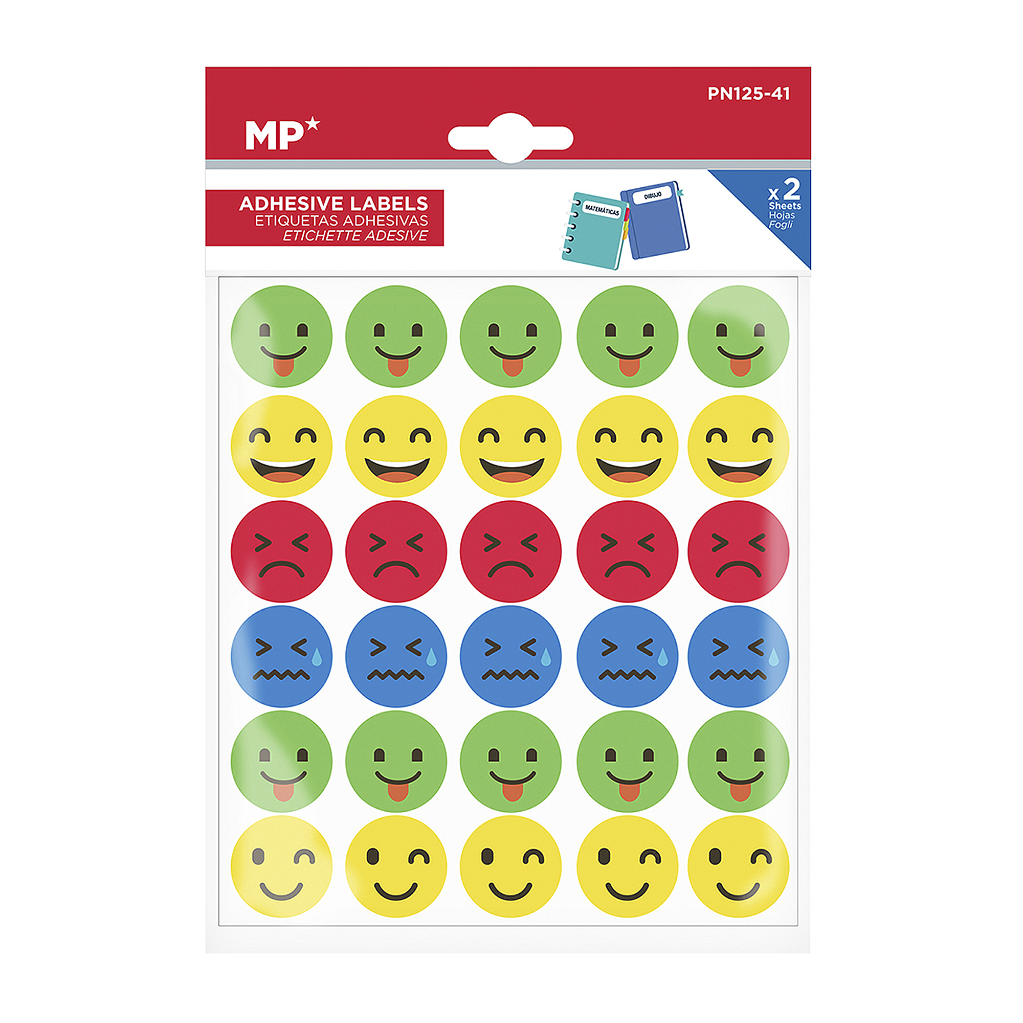 Un foglio di adesivi rotondi con varie faccine emoji verdi, gialle, rosse e blu.