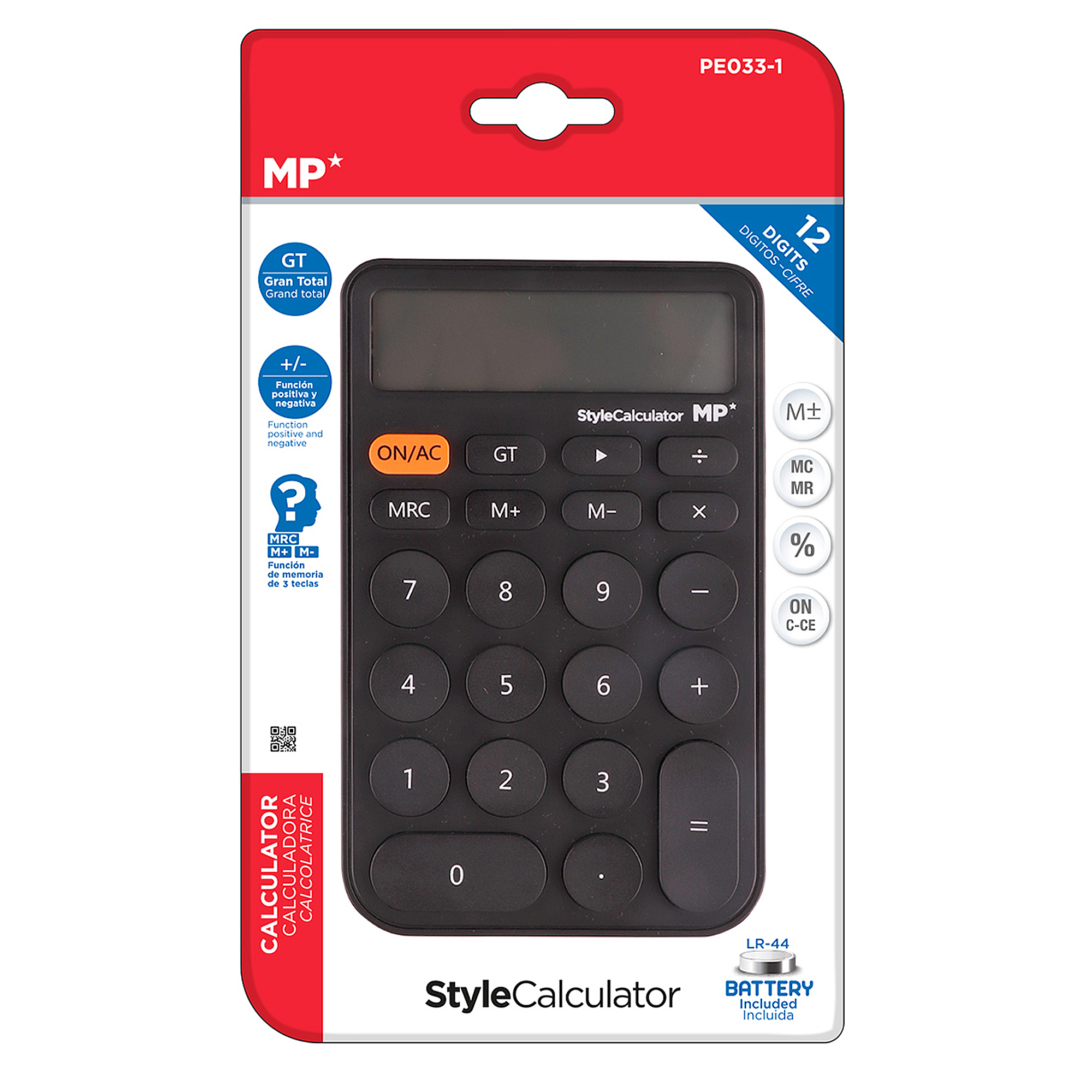 Una calcolatrice MP StyleCalculator nera con pulsante ON/AC arancione e display digitale.