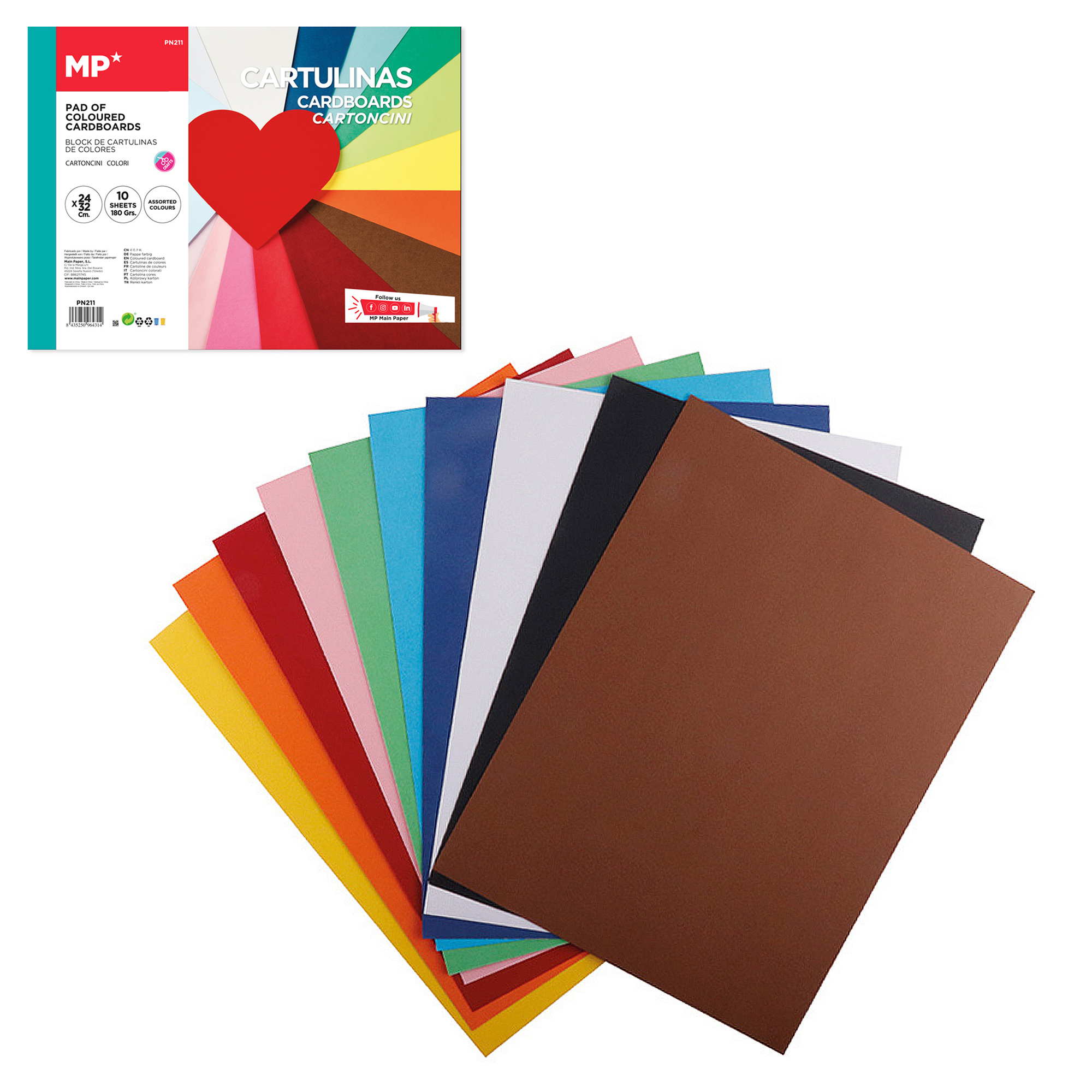 Un blocco di cartoncini colorati con un cuore rosso davanti a un ventaglio di carte.