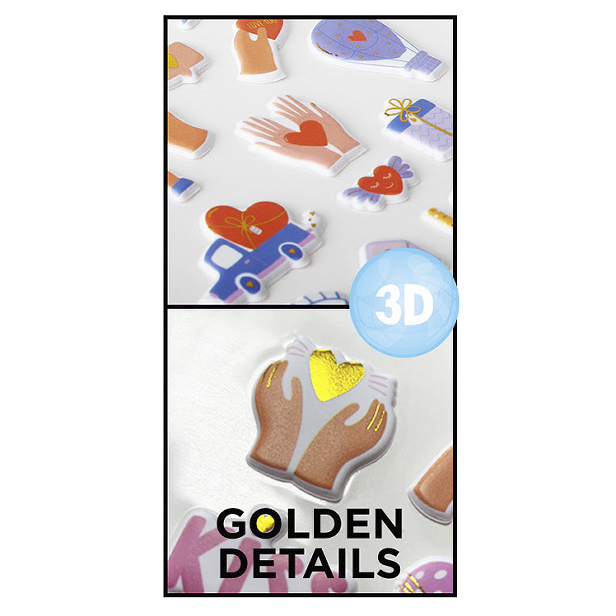Pegatinas con corazones, manos, coche, regalo y texto 3D.
