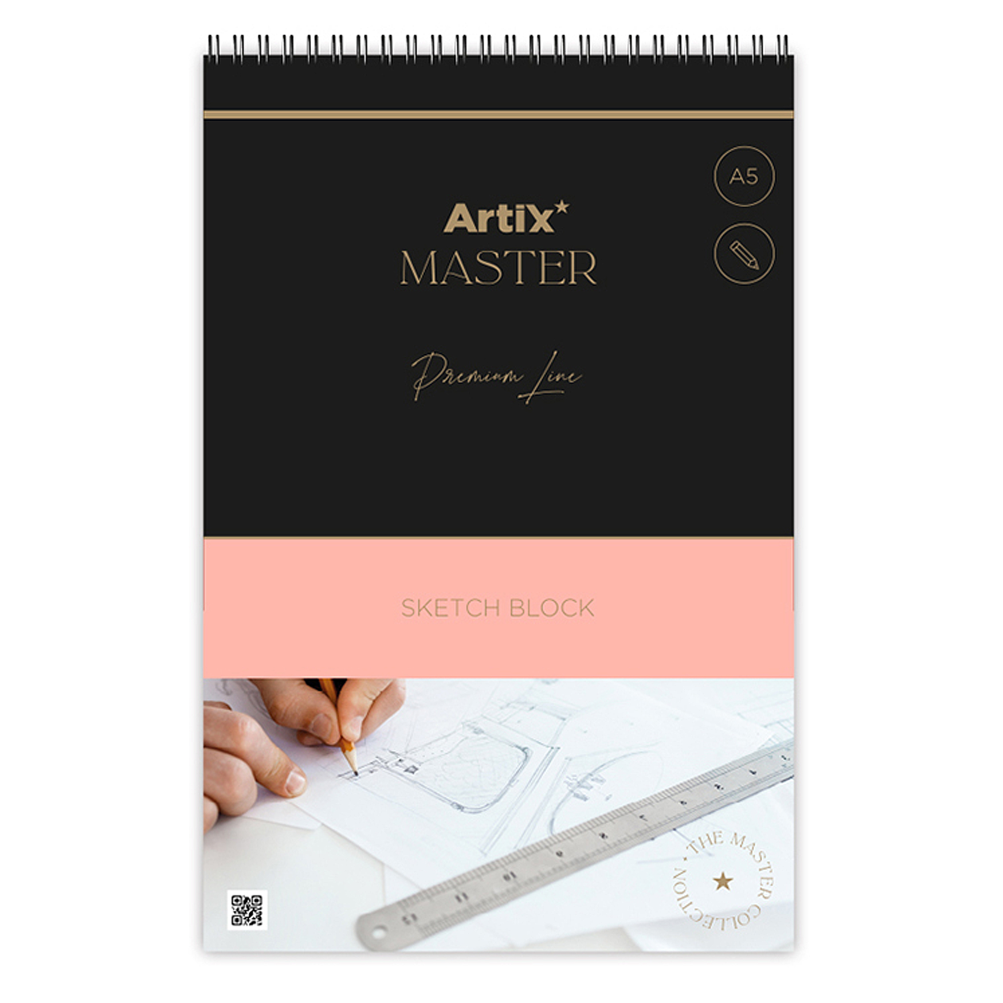 Un album da disegno intitolato Artix MASTER Premium Line, A5. Mani che disegnano con matita e righello.