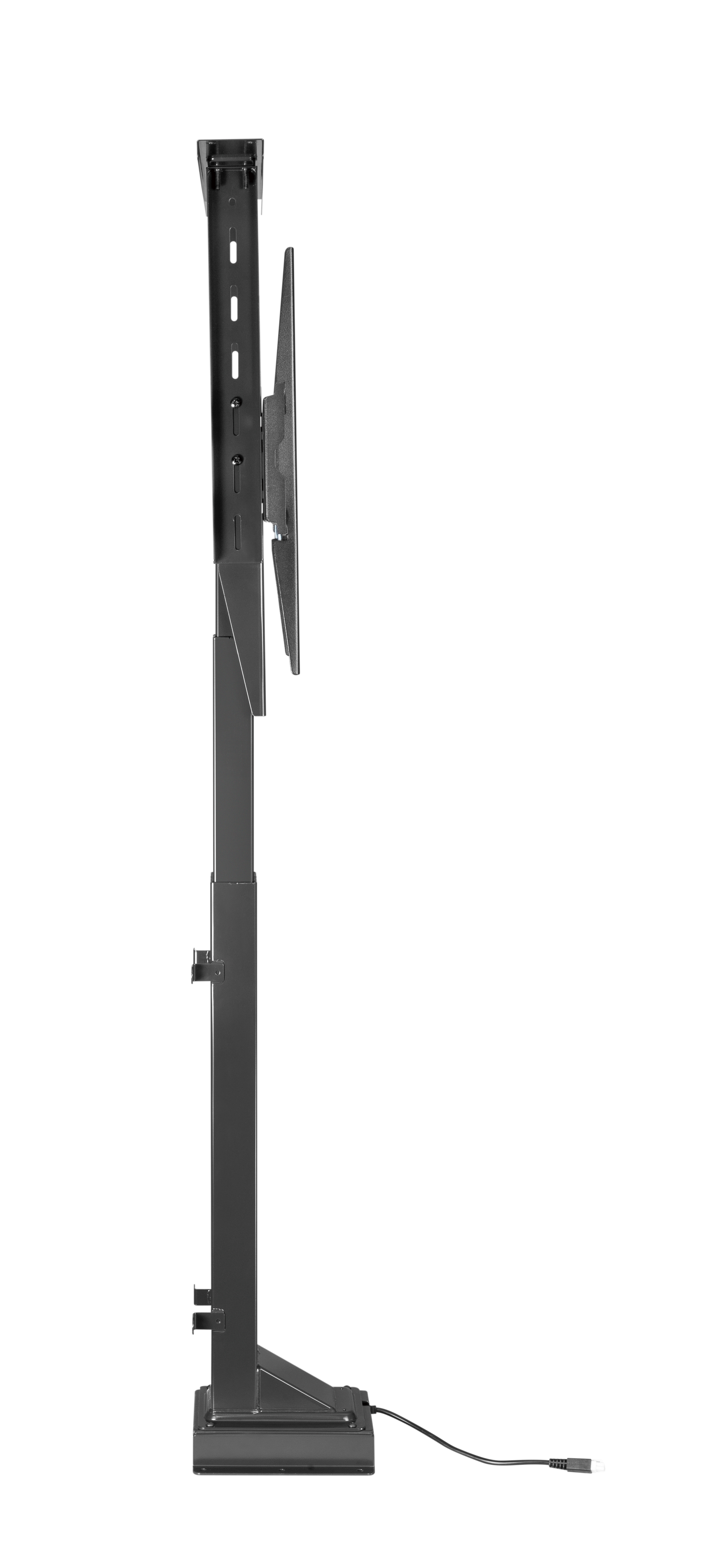 Ein schwarzer TV-Ständer mit verstellbarer Säule und Sockel.