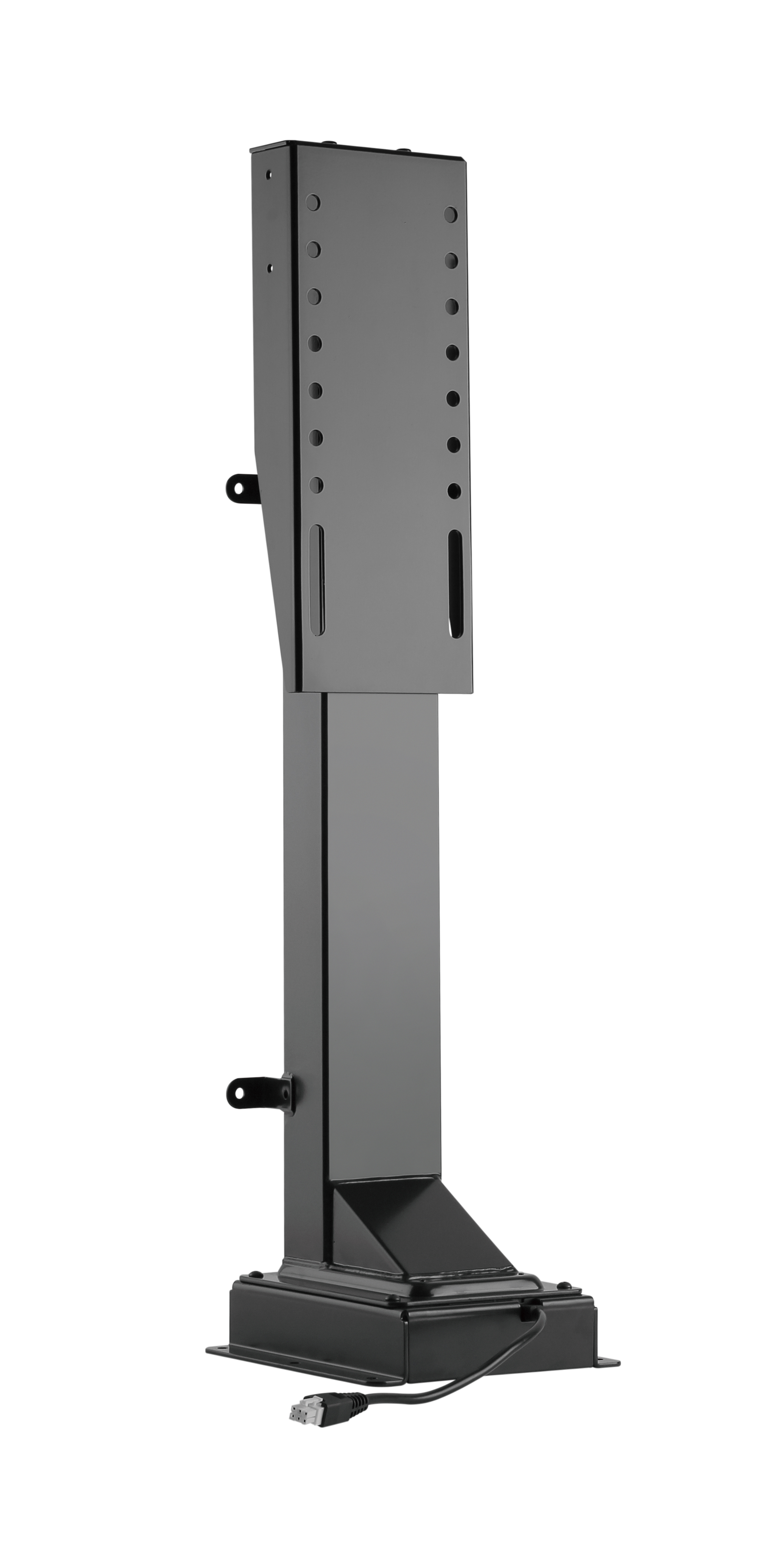 Ein schwarzer, rechteckiger Hebemechanismus mit einem Kabel, das aus dem Sockel kommt.