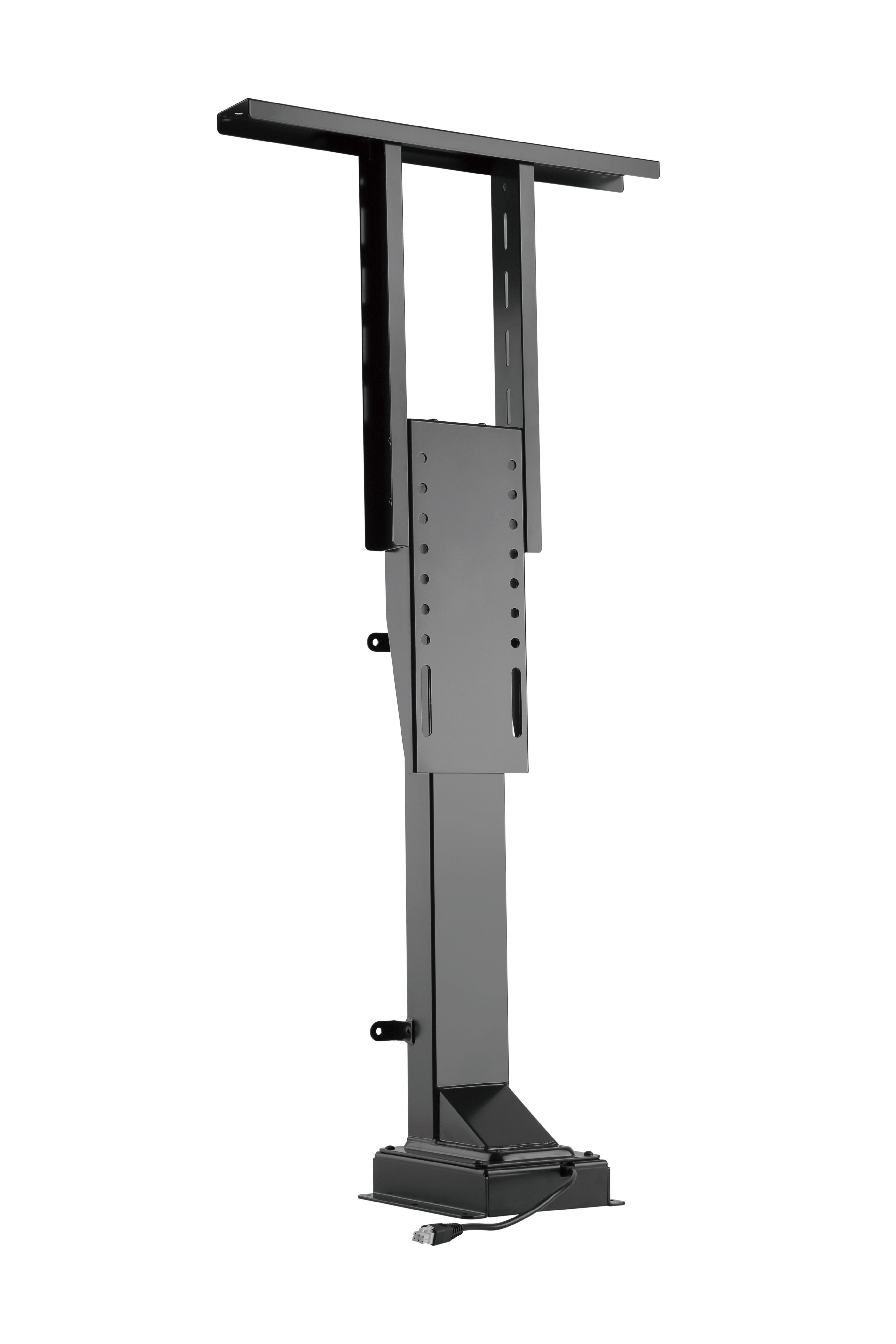Ein schwarzer, metallischer TV-Ständer mit verstellbarer Säule und Bodenmontage.