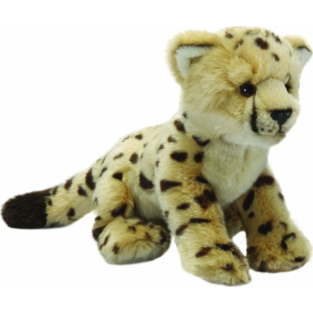Un cucciolo di ghepardo di peluche seduto, con macchie marroni e orecchie bianche.