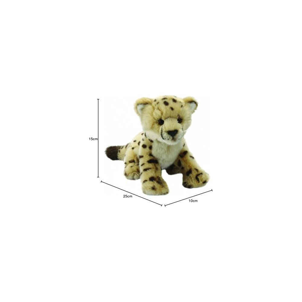 Un ghepardo di peluche seduto a terra, di dimensioni 25cm di lunghezza e 15cm di altezza.