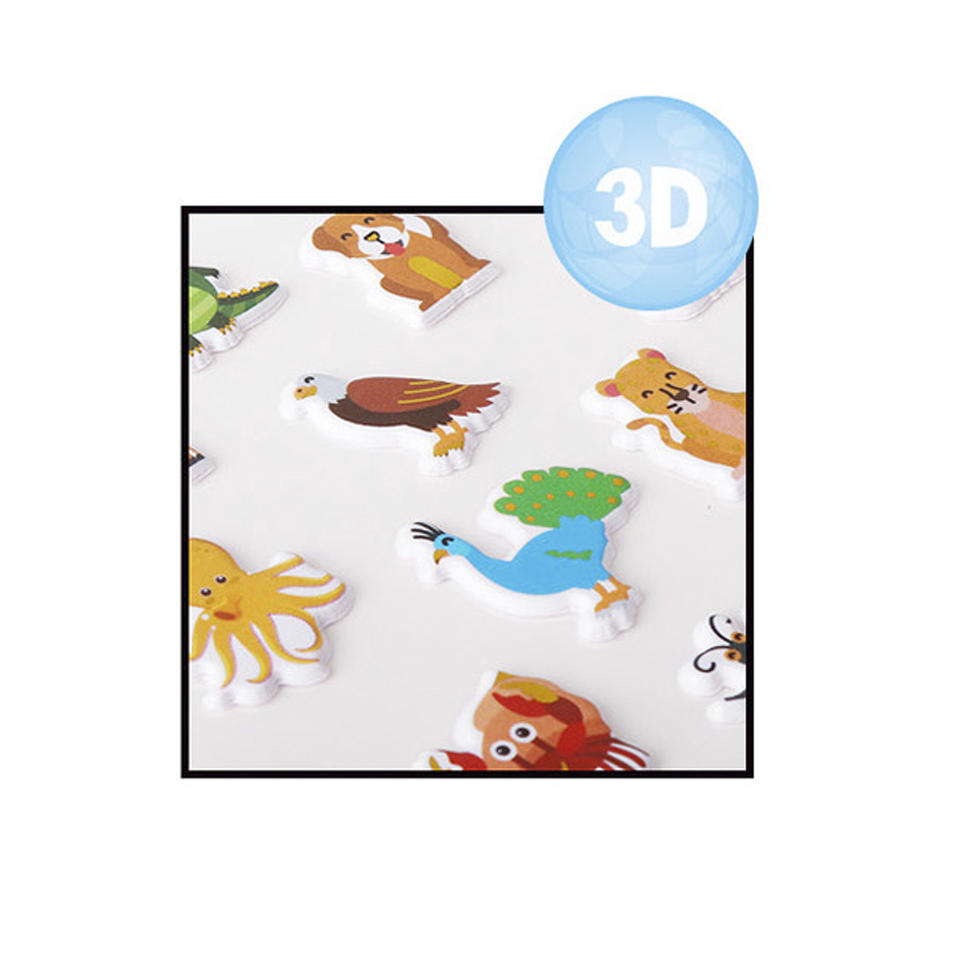 Adesivi animali 3D colorati: aquila, pavone, polpo, cane, gatto, granchio.