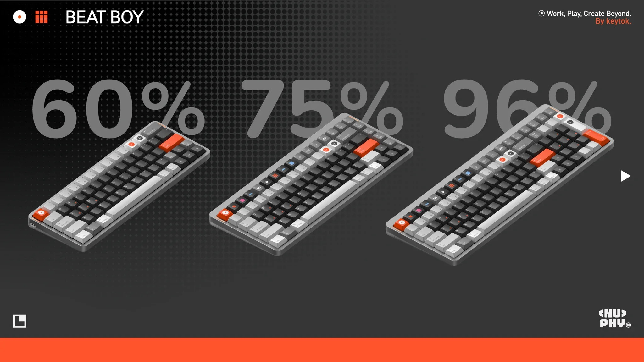 Trzy szare klawiatury z pomarańczowymi i białymi klawiszami wyświetlone z procentami 60%, 75%, 96%.