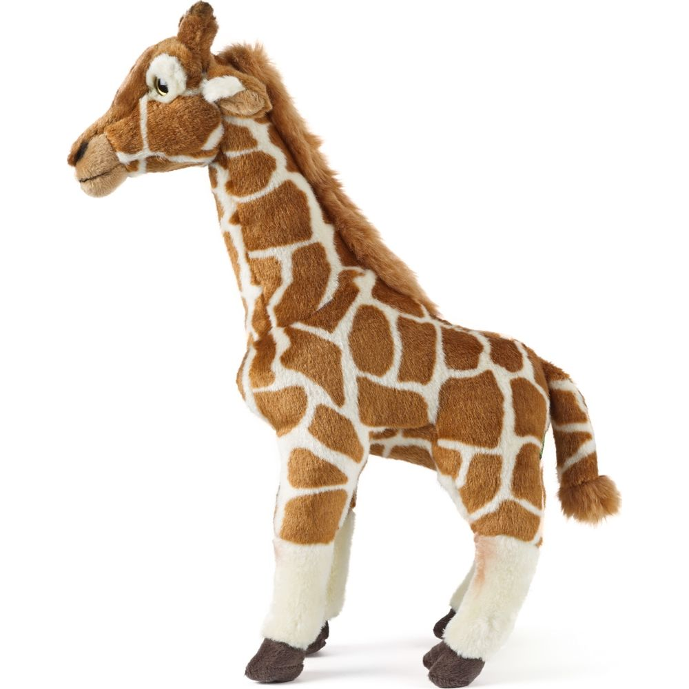 Un peluche di giraffa di peluche marrone e bianco su sfondo bianco.