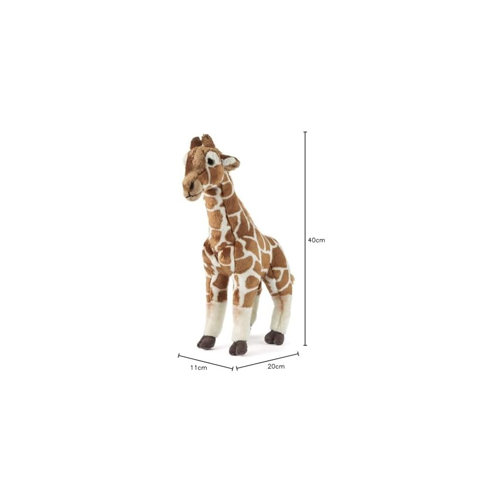 Un giocattolo giraffa di peluche marrone e bianco sta su quattro zampe. Dimensioni: 40x20x11cm.