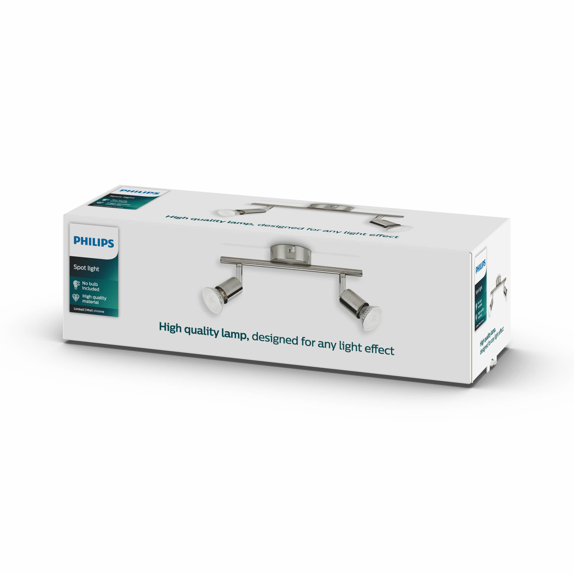 Confezione Philips con una lampada da soffitto a due faretti argentata.