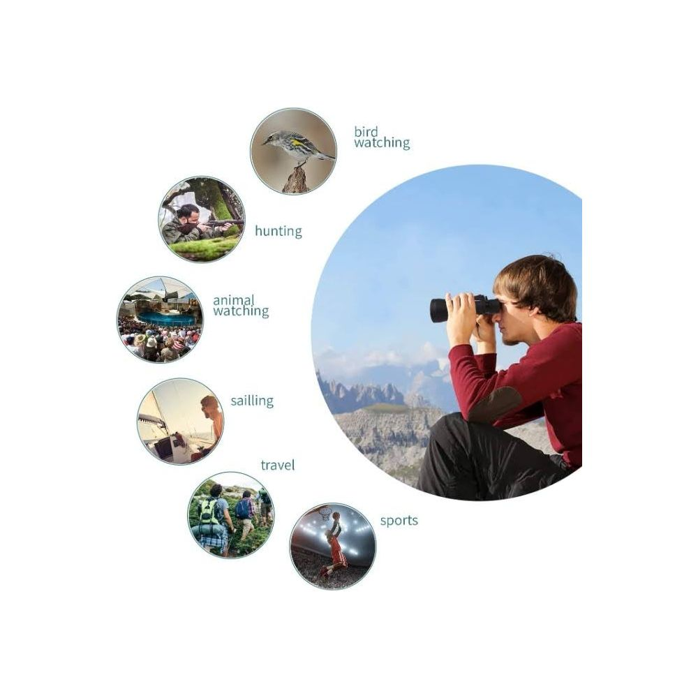 Mann blickt durch Fernglas auf Berge, kleine Kreise zeigen Vogel-, Jagd-, Tierbeobachtung, Segeln, Reisen, Sport.