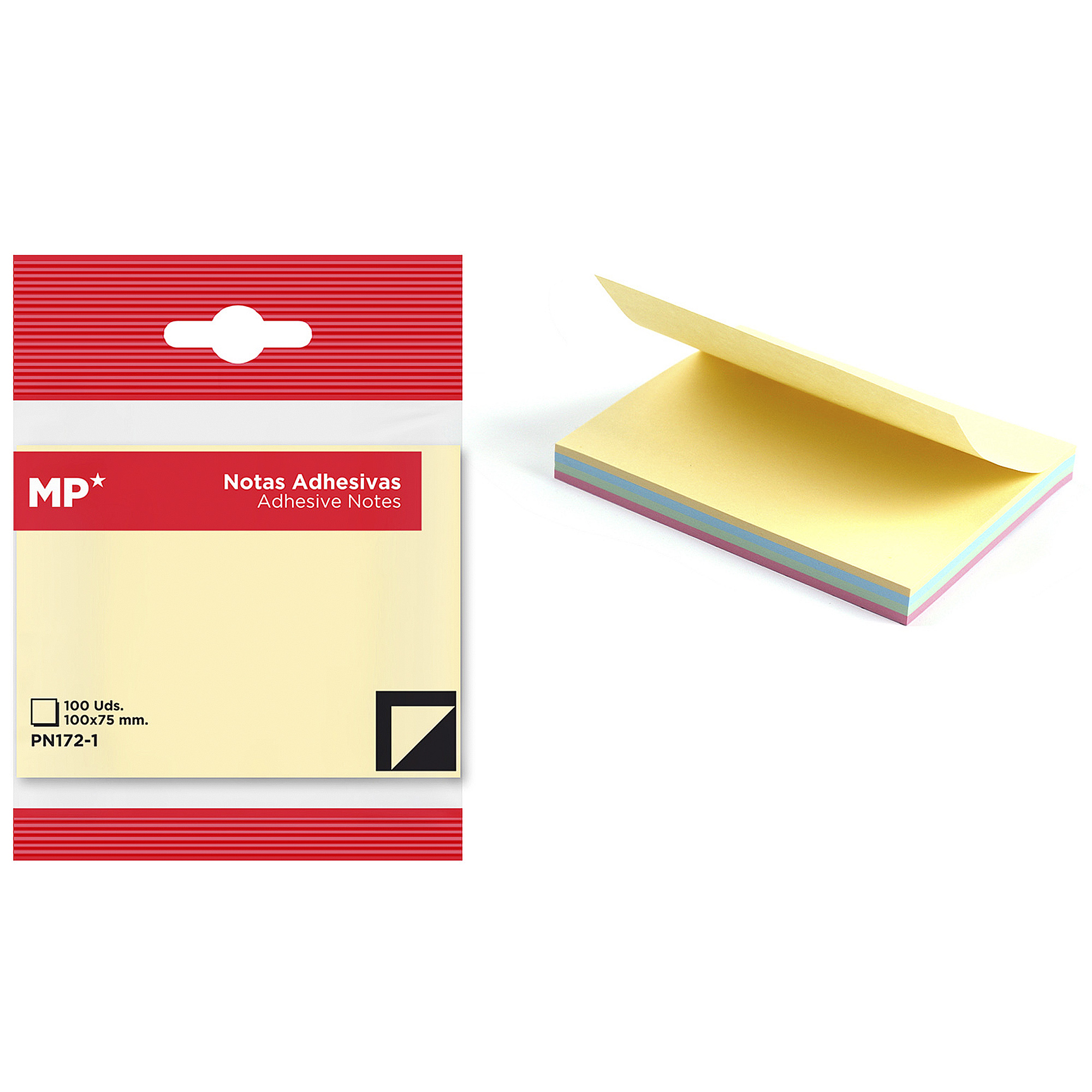 Un paquete de notas adhesivas con rayas rojas y estampado amarillo, junto a una pila de notas post-it de colores.