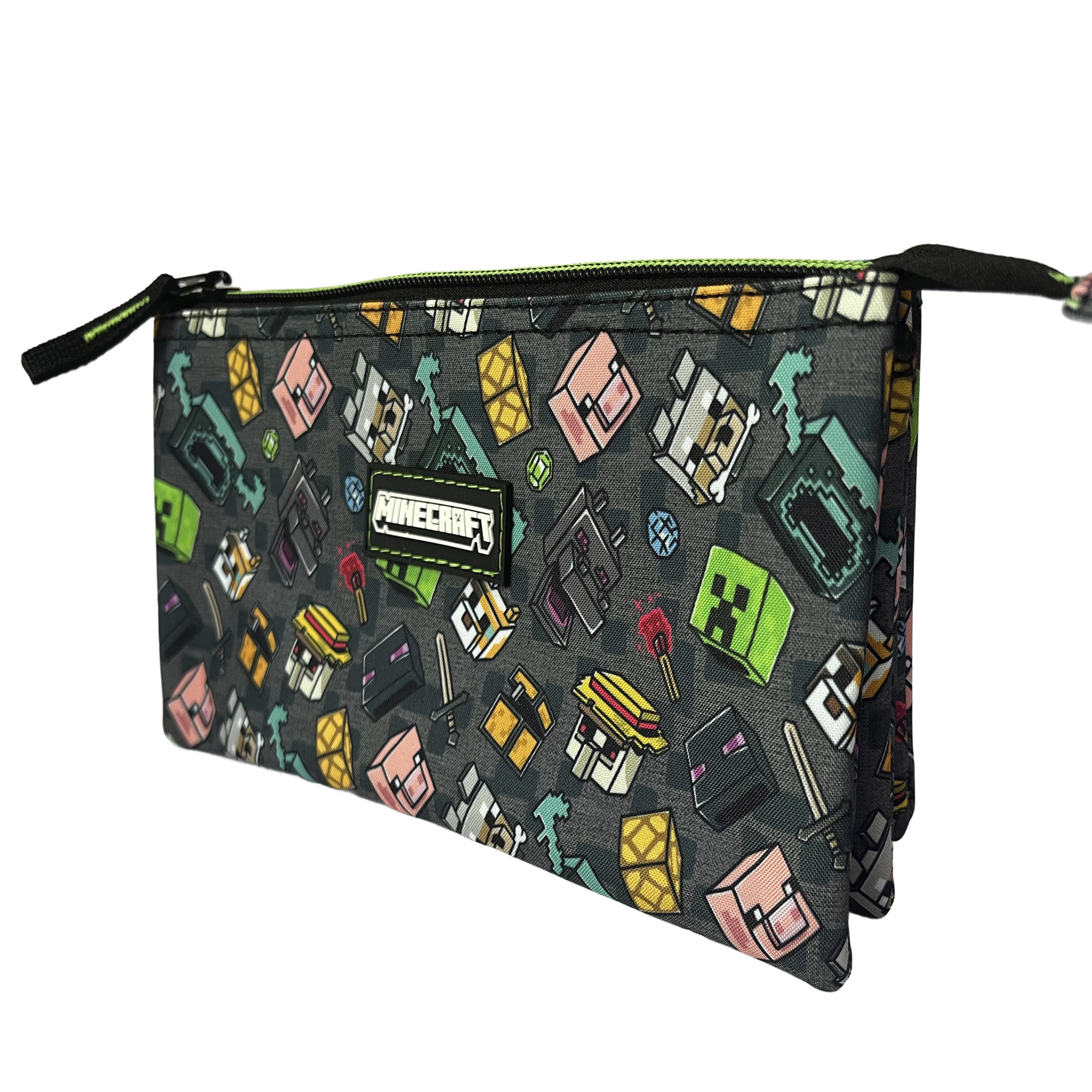 Estuche con estampado de personajes y bloques de Minecraft. Tiene cremallera.