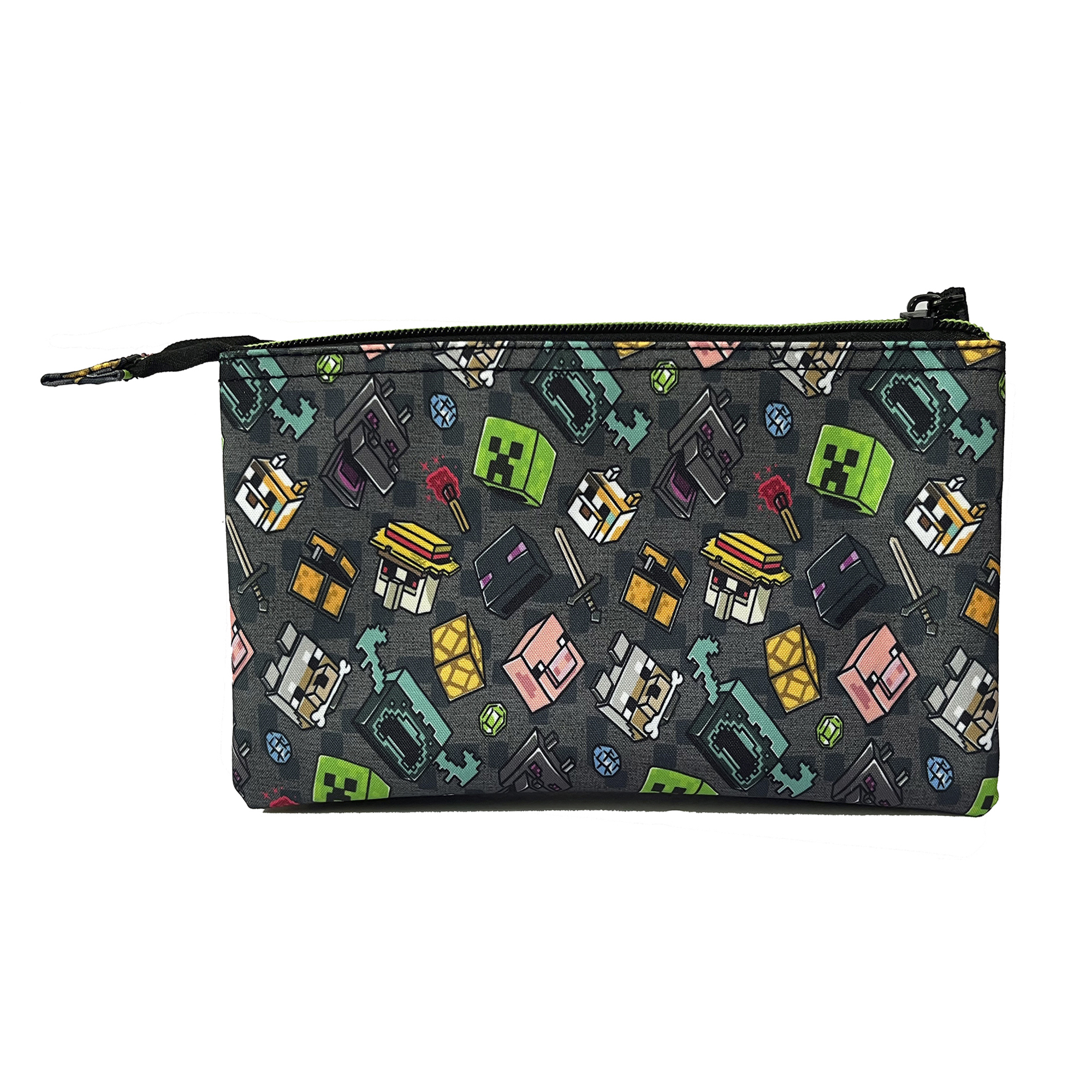 Una bolsa gris con motivos de Minecraft, como Creepers y cerdos.